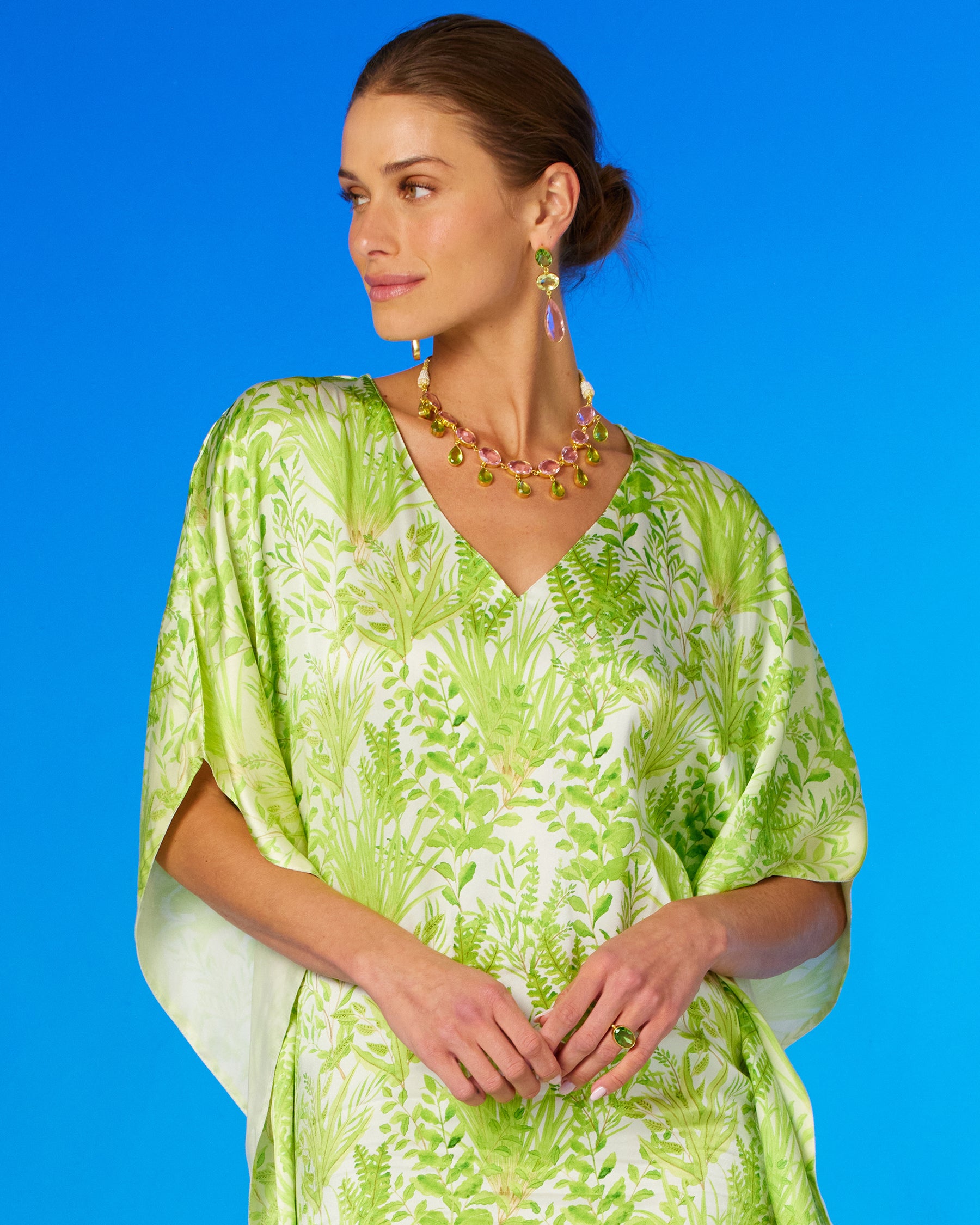 Eve Silk Kaftan in Delicate Greenery