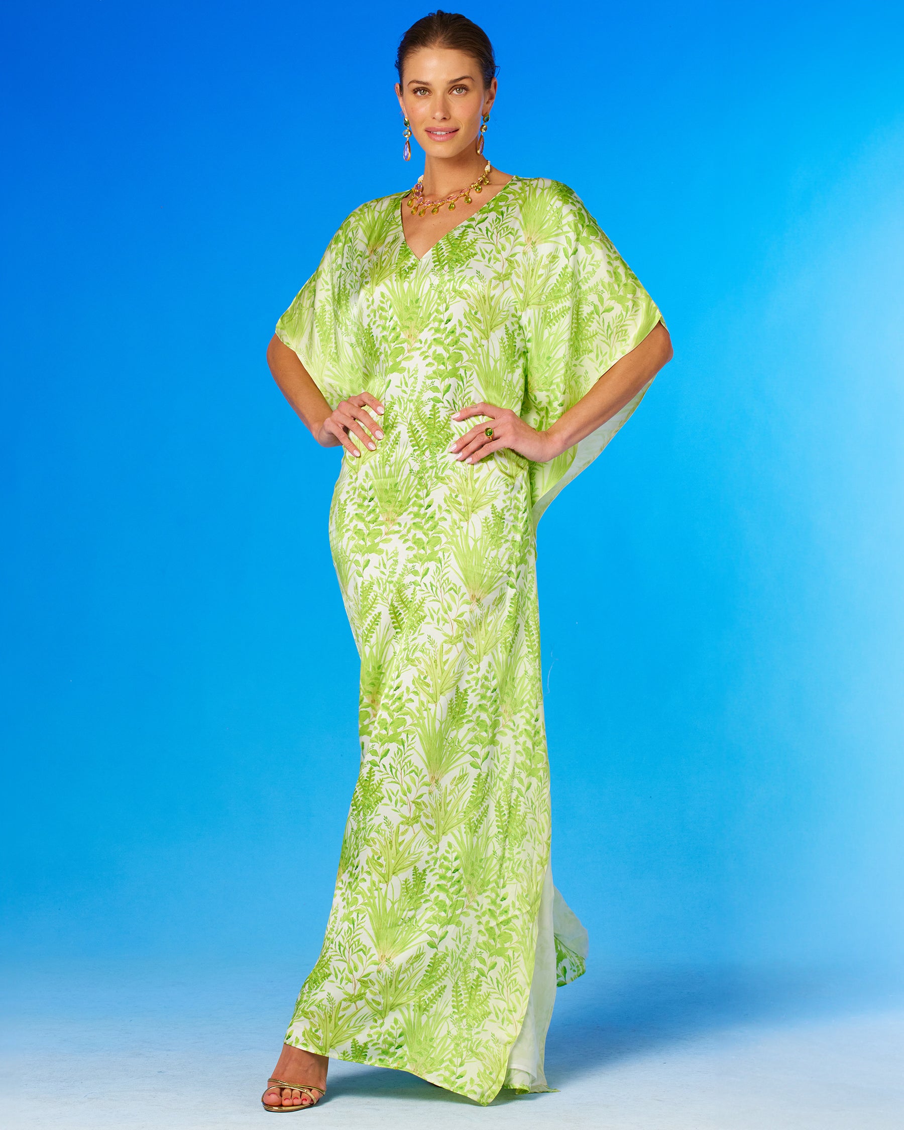 Eve Silk Kaftan in Delicate Greenery-Full frontal view