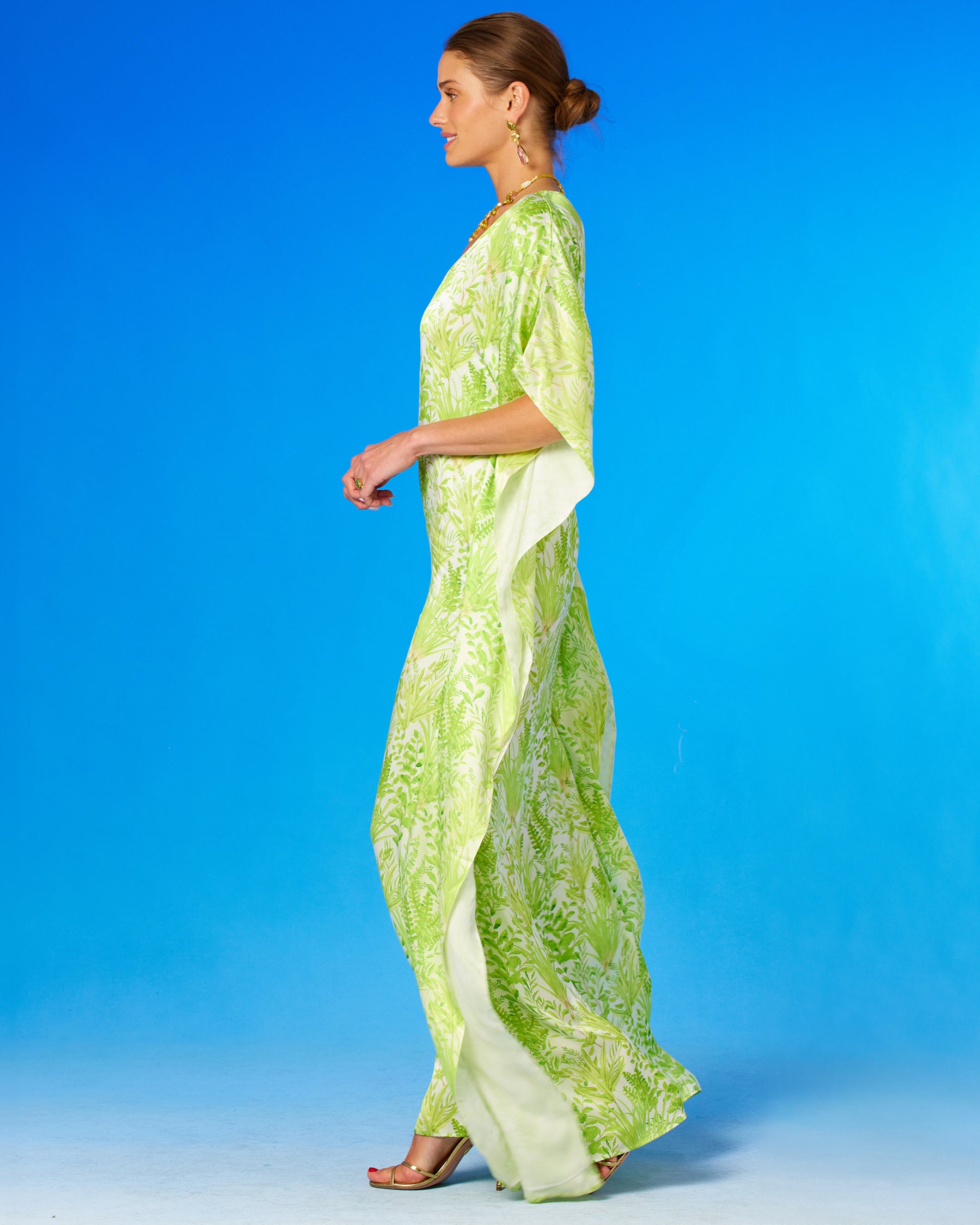 Eve Silk Kaftan in Delicate Greenery-side view