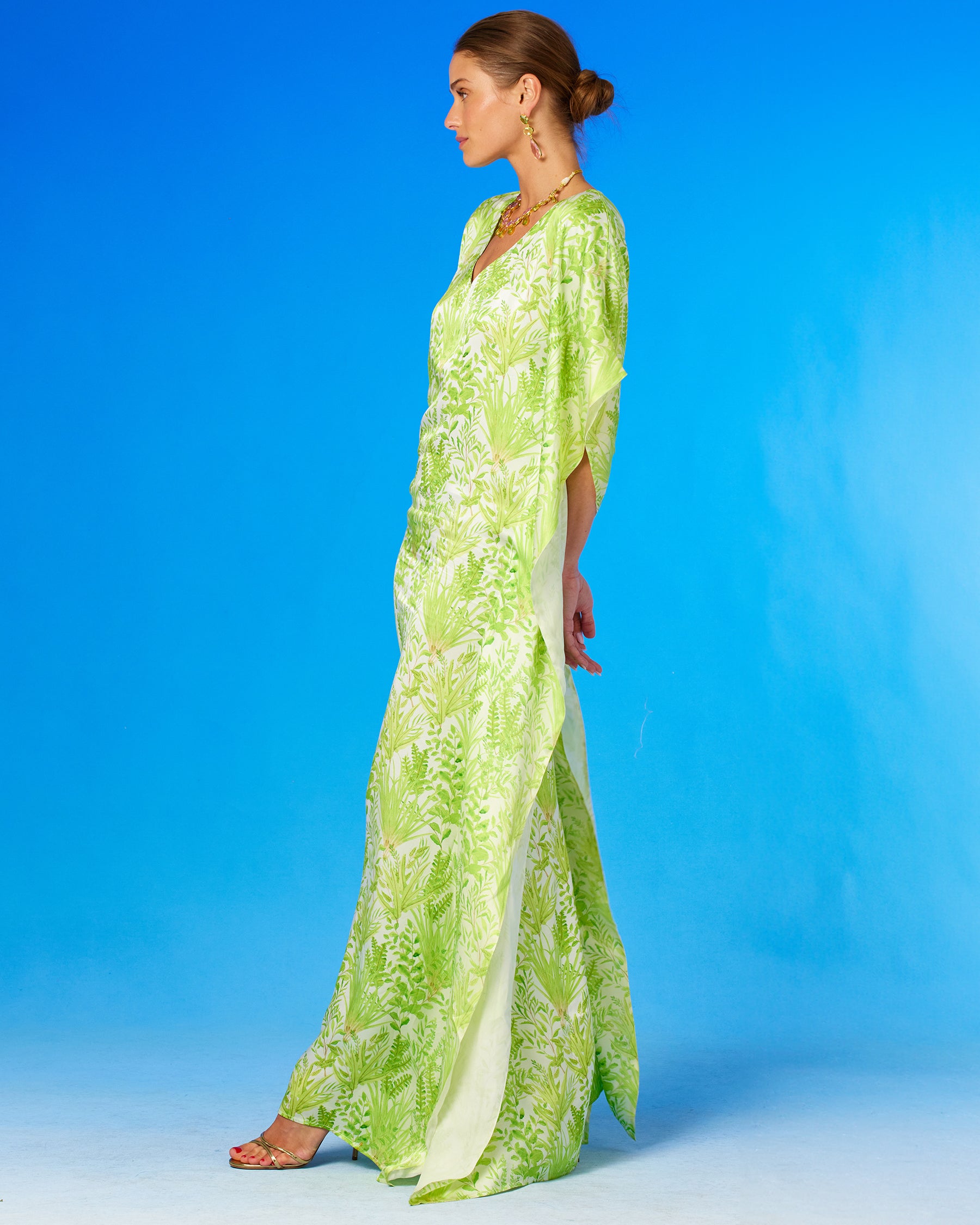 Eve Silk Kaftan in Delicate Greenery-side view