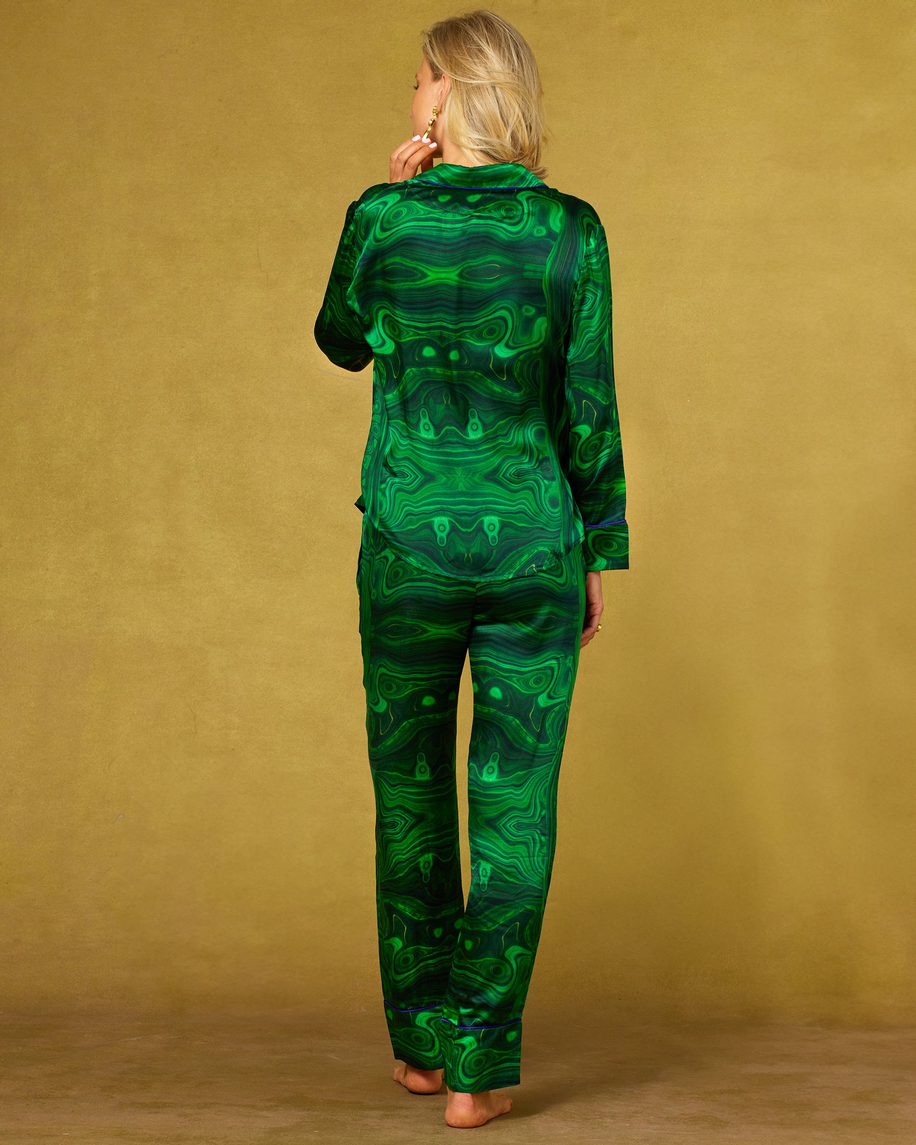 Fleur Washable Silk Pajamas in Precious Malachite-Back View