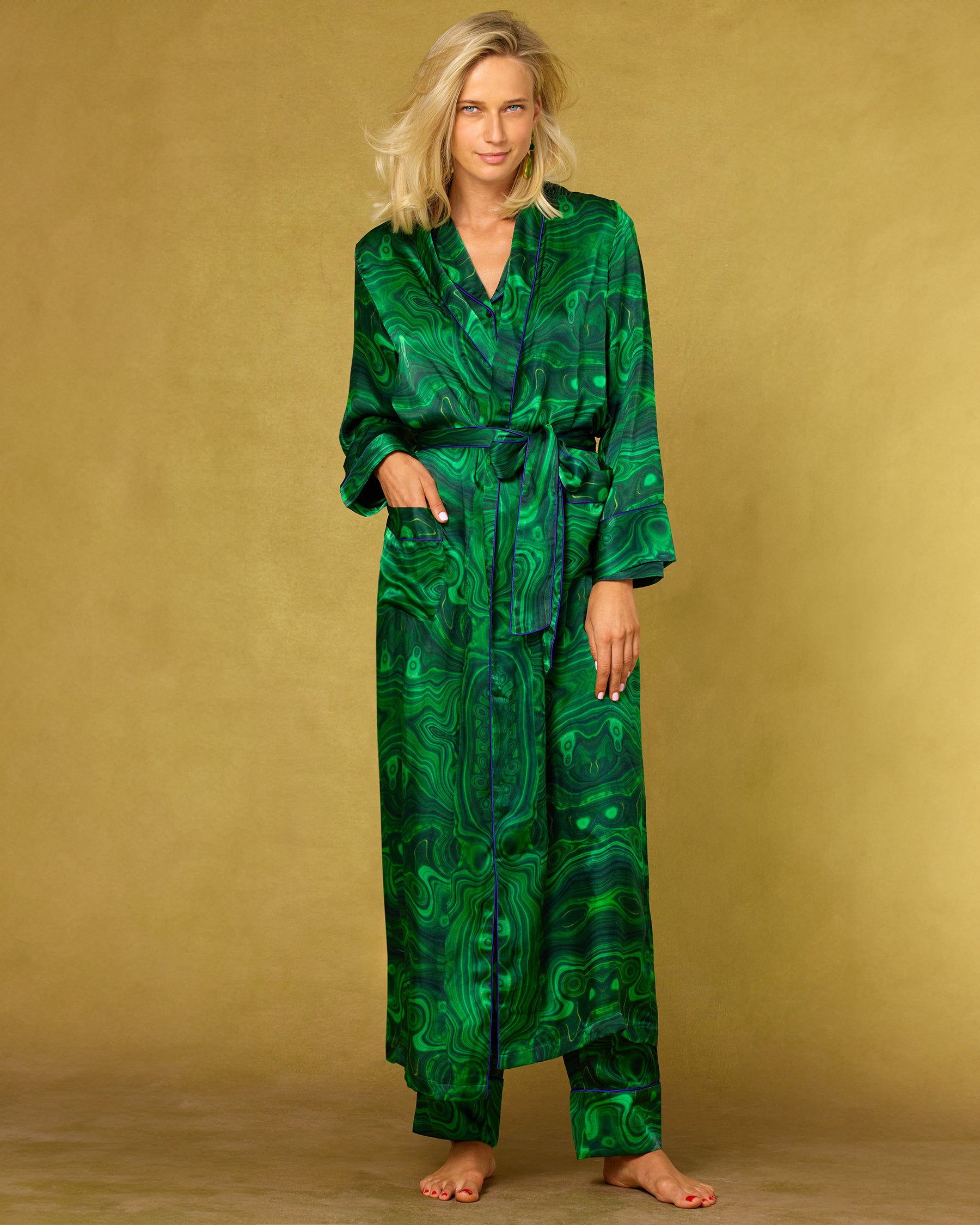 Fleur Washable Silk Robe in Precious Malachite-Front view and hand in pocket