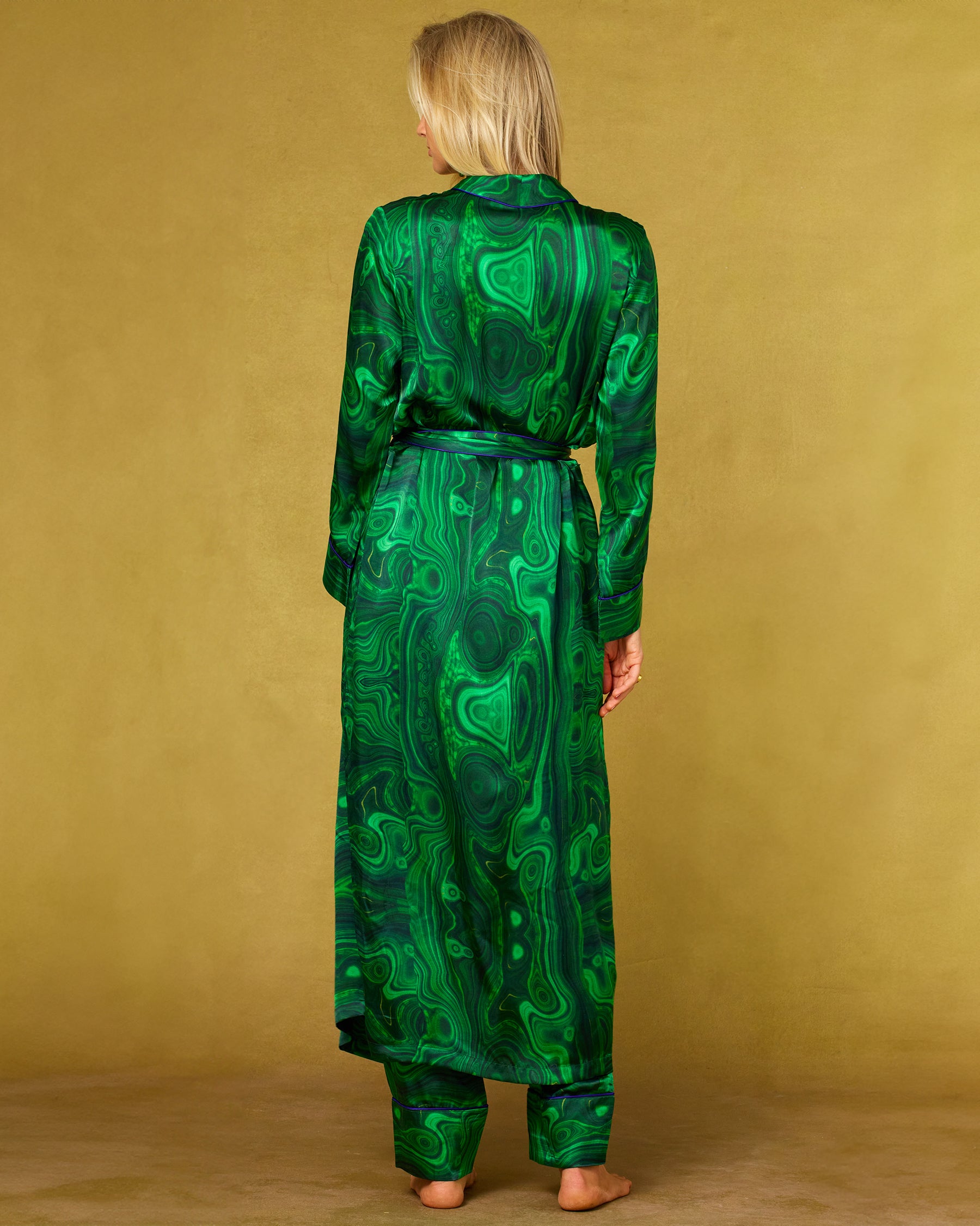 Fleur Washable Silk Robe in Precious Malachite-Back View