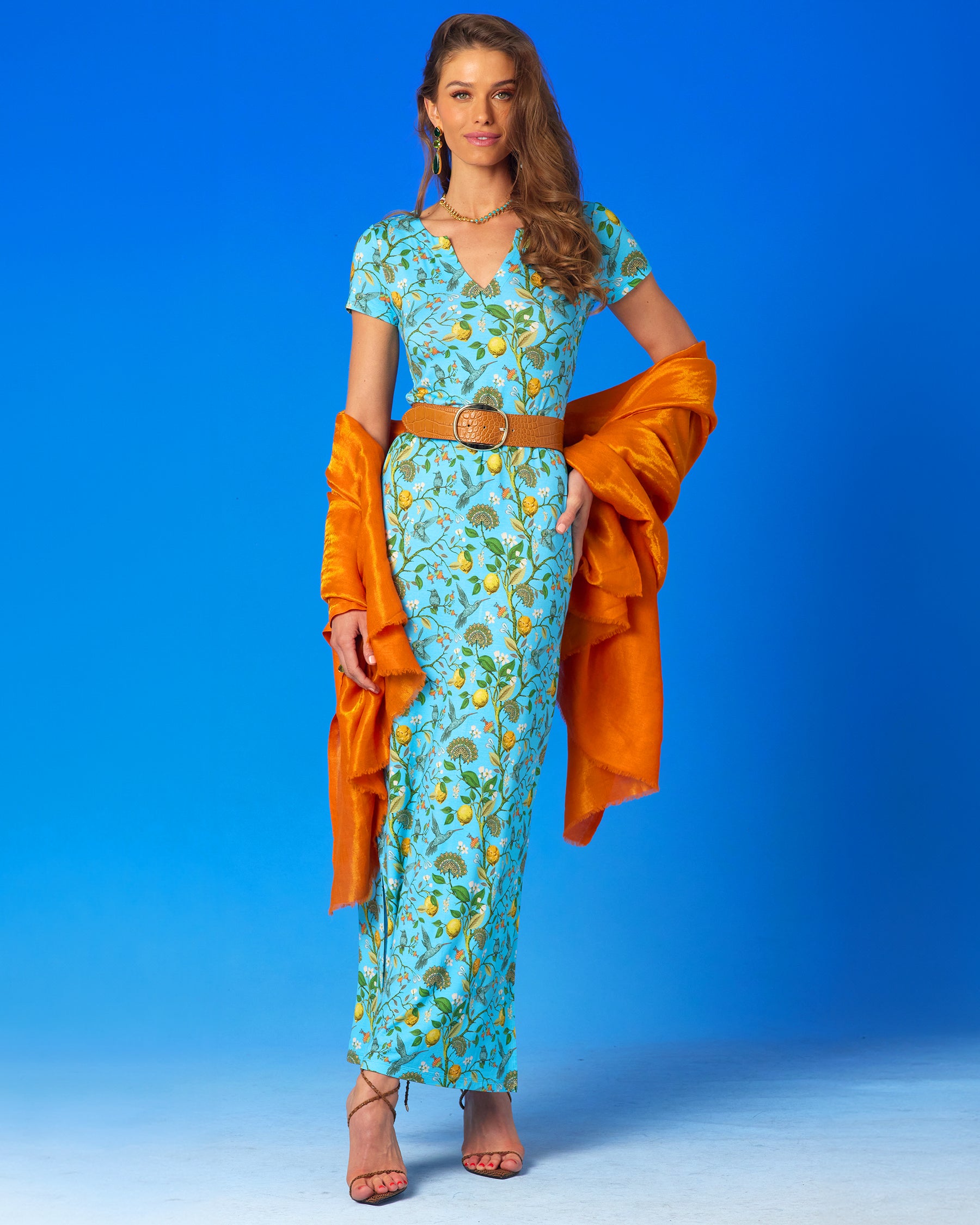 Flora Long Stretch Dress in Turquoise Hummingbird Print worn with the Josephine Shawl