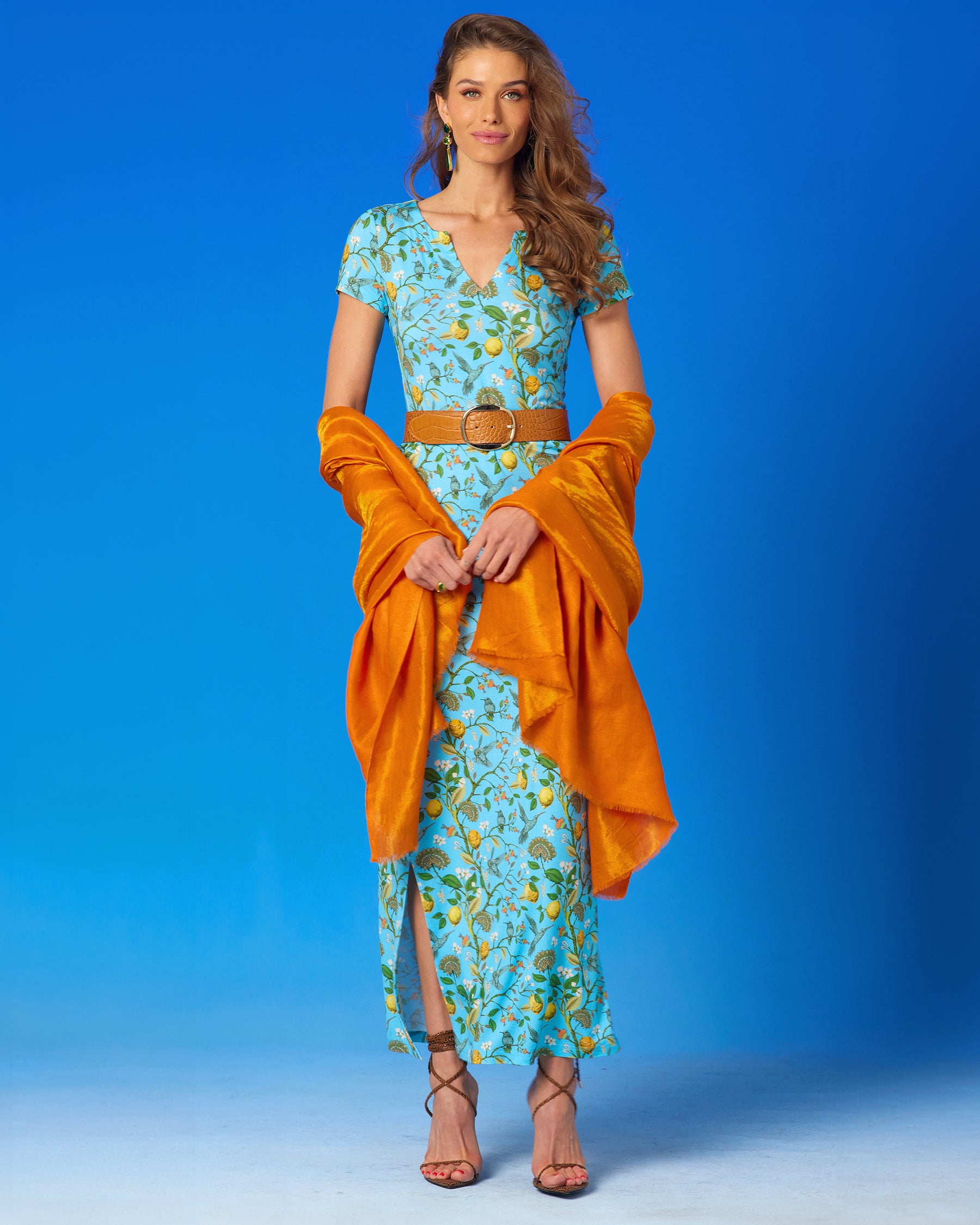 Flora Long Stretch Dress in Turquoise Hummingbird Print worn with the Josephine Pashmina Shawl-Full Length View