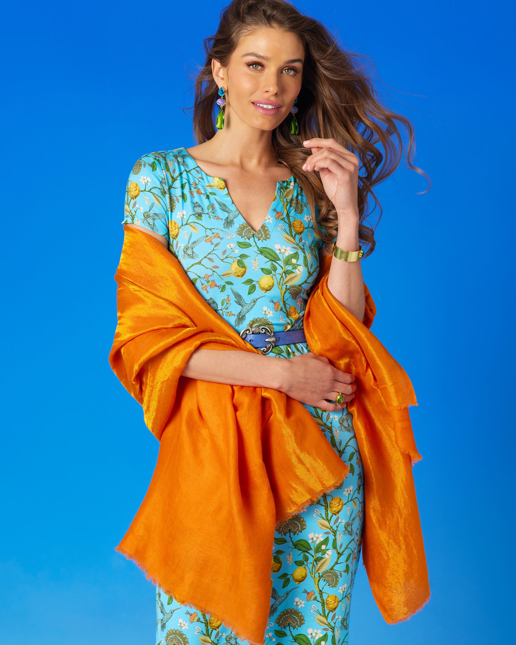 Flora Long Stretch Dress in Turquoise Hummingbird Print worn with the Josephine Pashmina Shawl