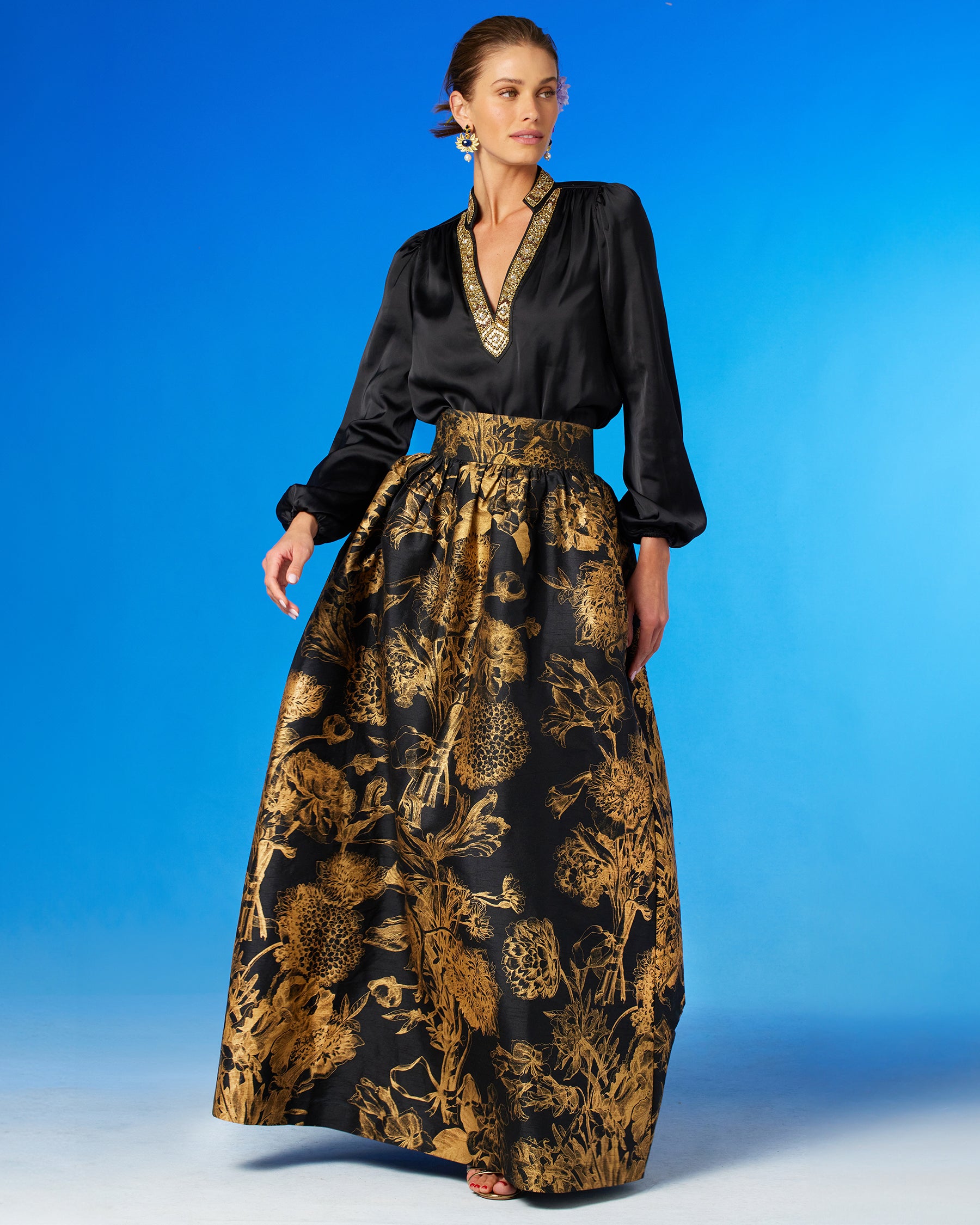 Florence Long Full Skirt in Black and Gold Floral Toile and the Anastasia Blouse-Front View