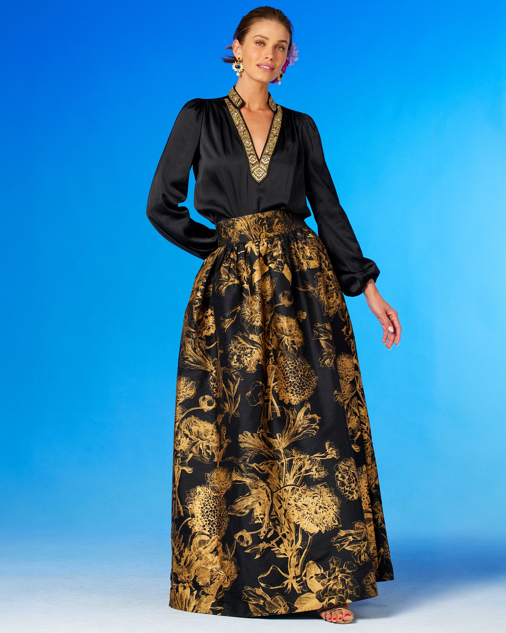 Florence Long Full Skirt in Black and Gold Floral Toile and the Anastasia Blouse-Front View