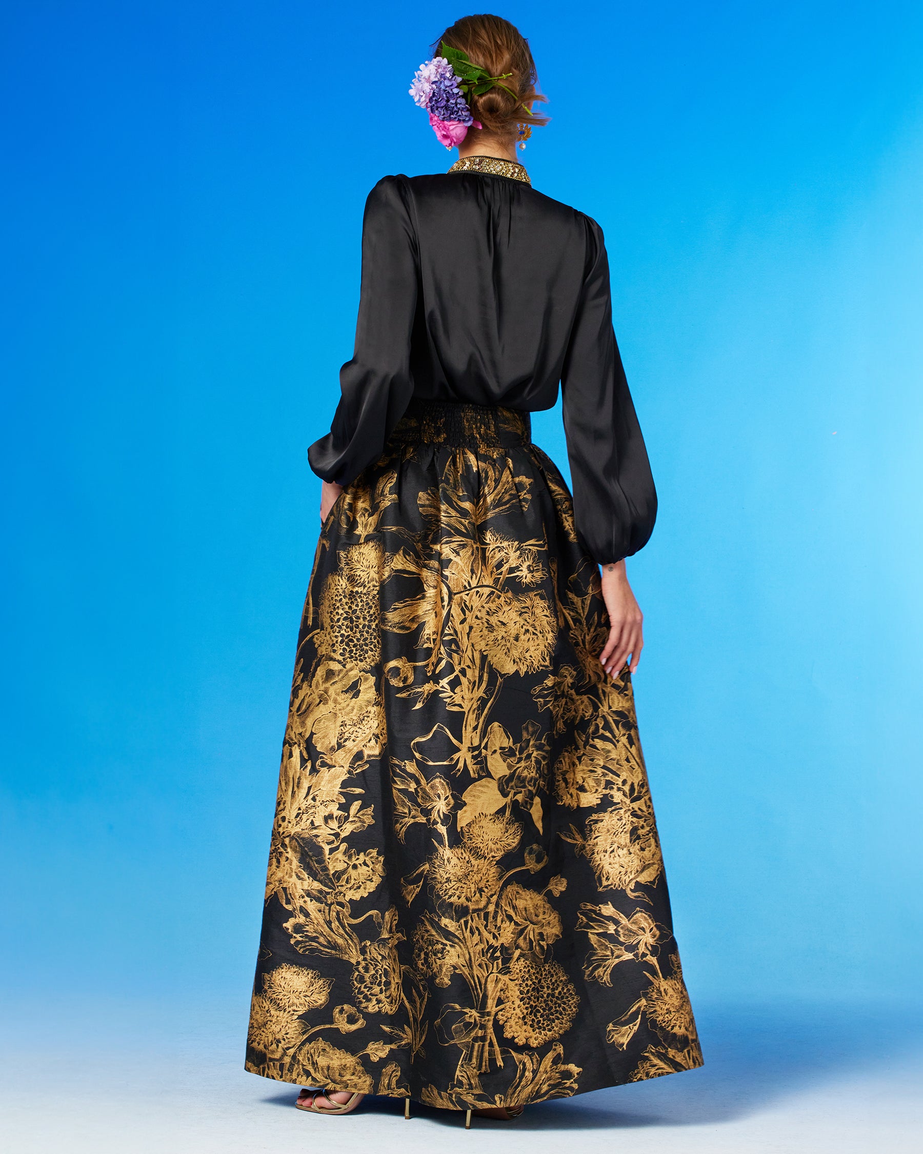 Florence Long Full Skirt in Black and Gold Floral Toile and the Anastasia Blouse-Back View