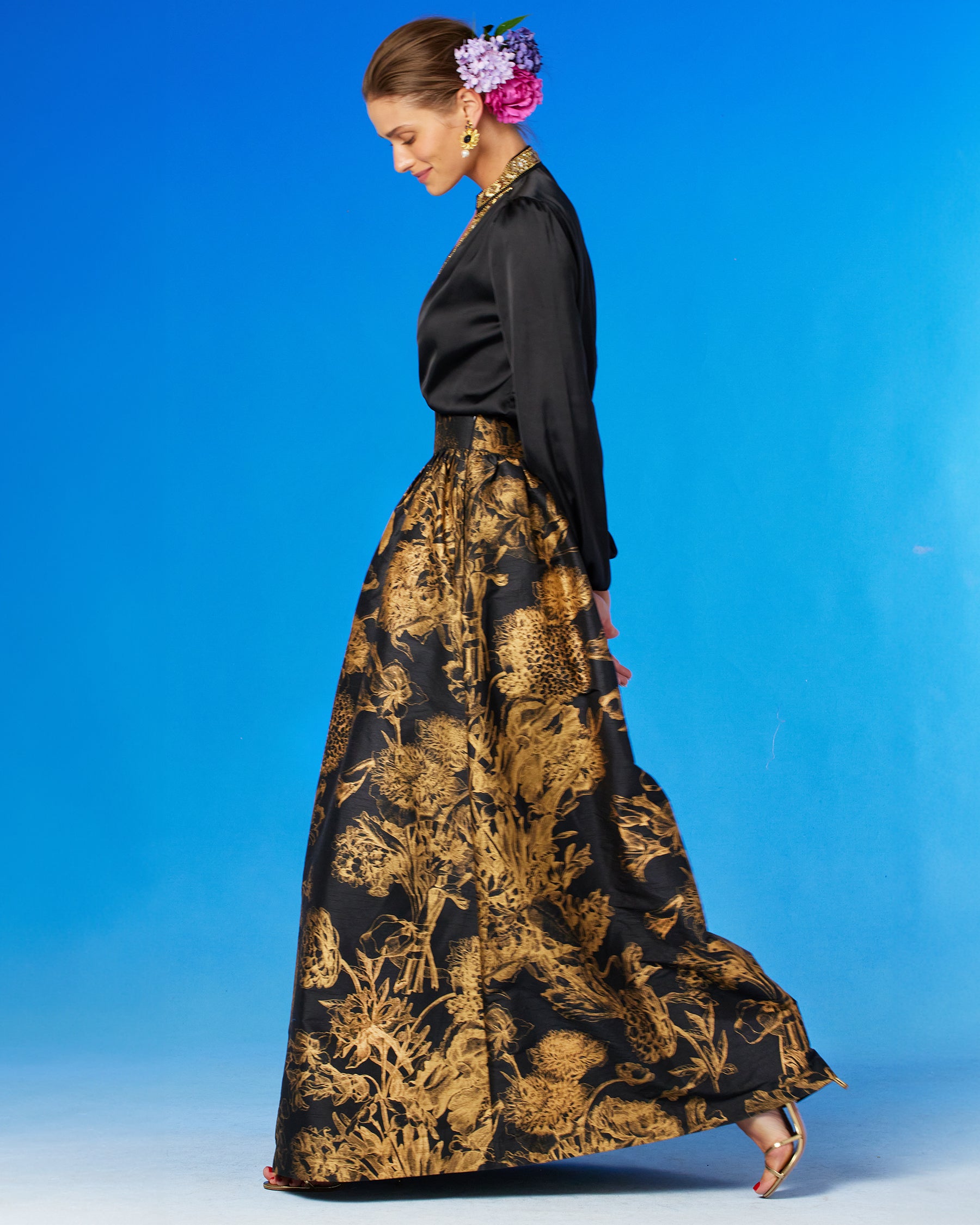 Florence Long Full Skirt in Black and Gold Floral Toile and the Anastasia Blouse-Side View Walking