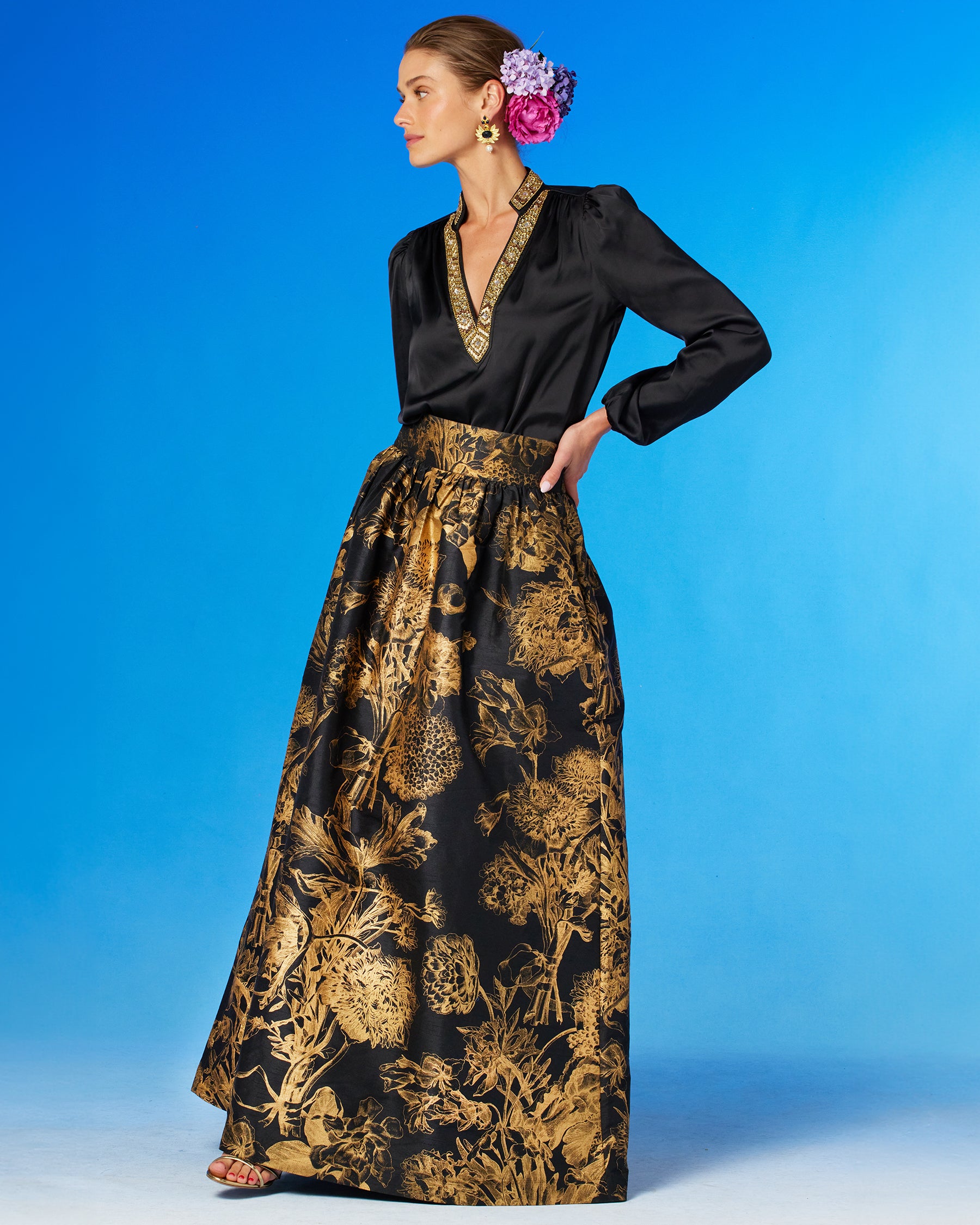 Florence Long Full Skirt in Black and Gold Floral Toile and the Anastasia Blouse-Front View