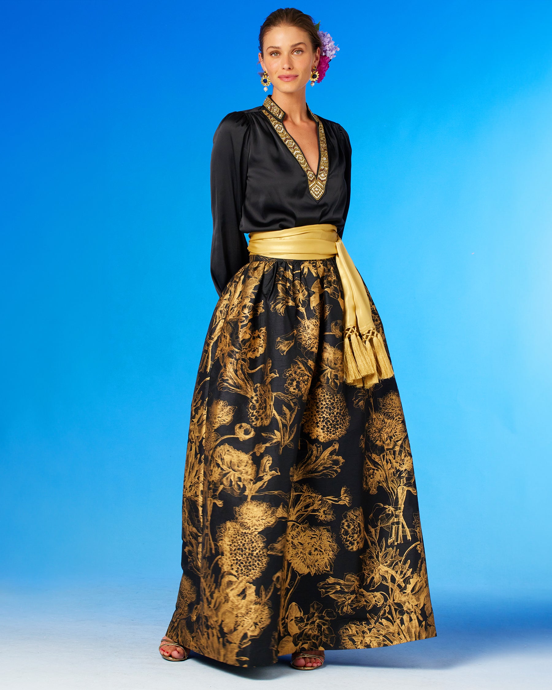 Florence Long Full Skirt in Black and Gold Floral Toile and the Anastasia Blouse and waist cinched by Cosima Sash Belt in Gold-Front View