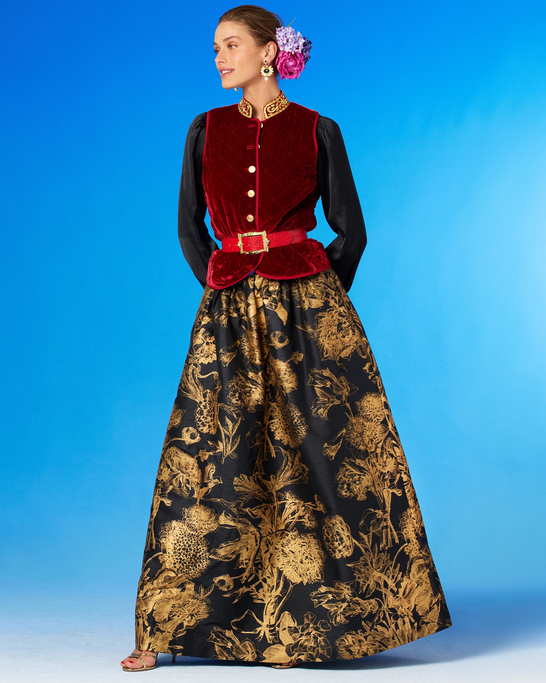 Bentley Quilted Vest in Crimson Red Silk Blend Velvet and Gold Embellishment worn with the Florence Full Skirt in Gold and Black