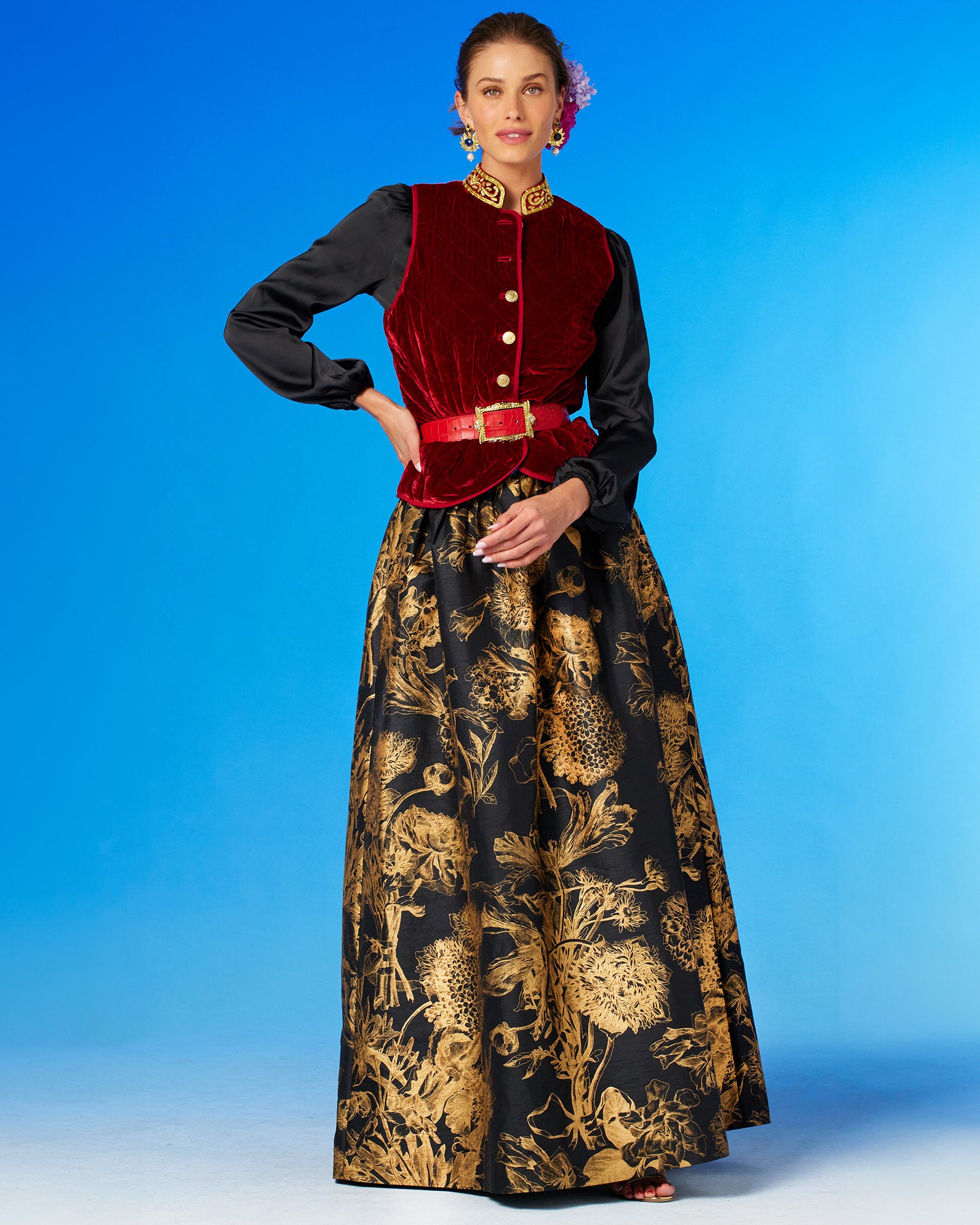 Florence Long Full Skirt in Black and Gold Floral Toile and the Anastasia Blouse and the Bentley Velvet Vest-Front View