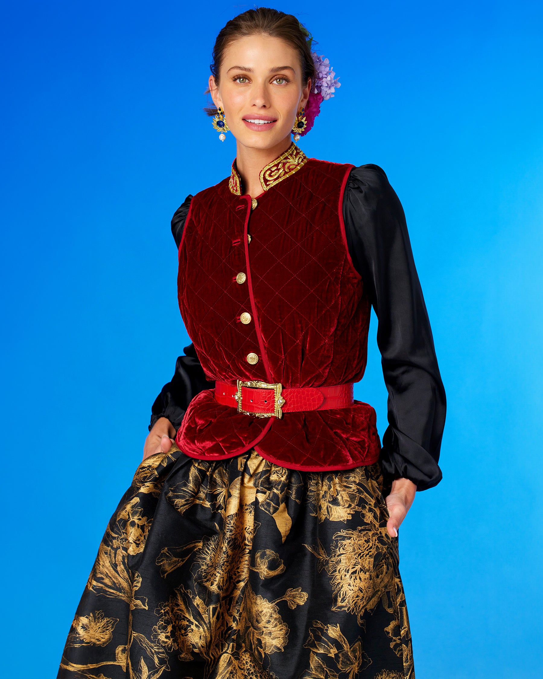 Bentley Quilted Vest in Crimson Red Silk Blend Velvet and Gold Embellishment and the Florence Long Full Skirt in Black and Gold Floral Toile