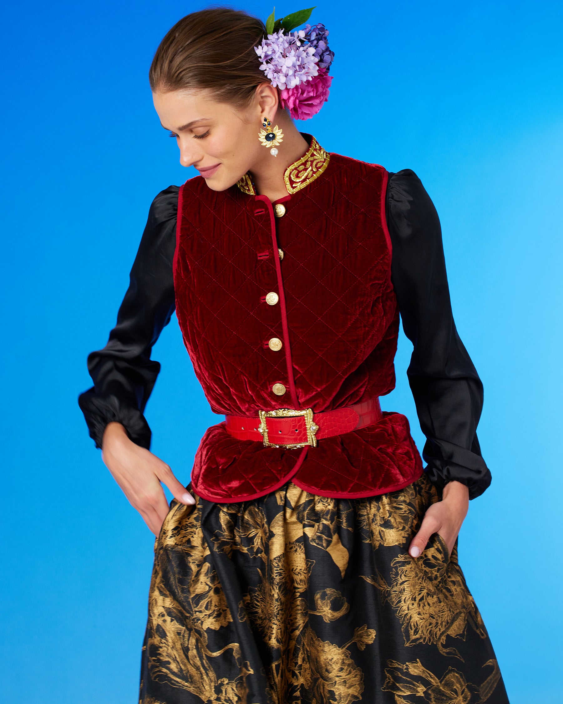 Bentley Quilted Vest in Crimson Red Silk Blend Velvet and Gold Embellishment