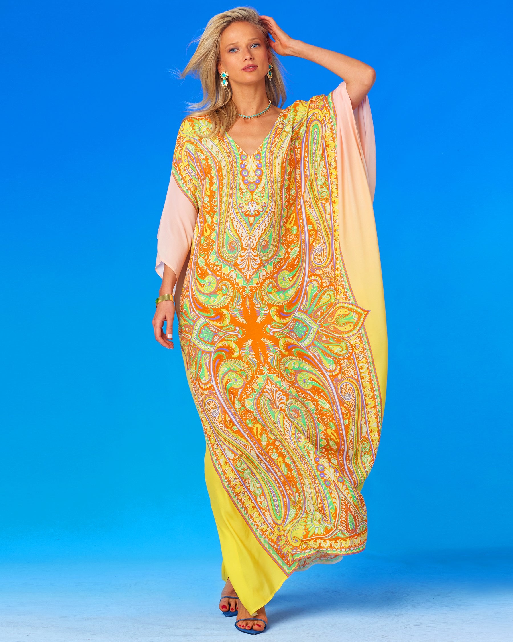 Gaia Kaftan in Sun-Kissed Paisley-Front Full View with Arm Raised