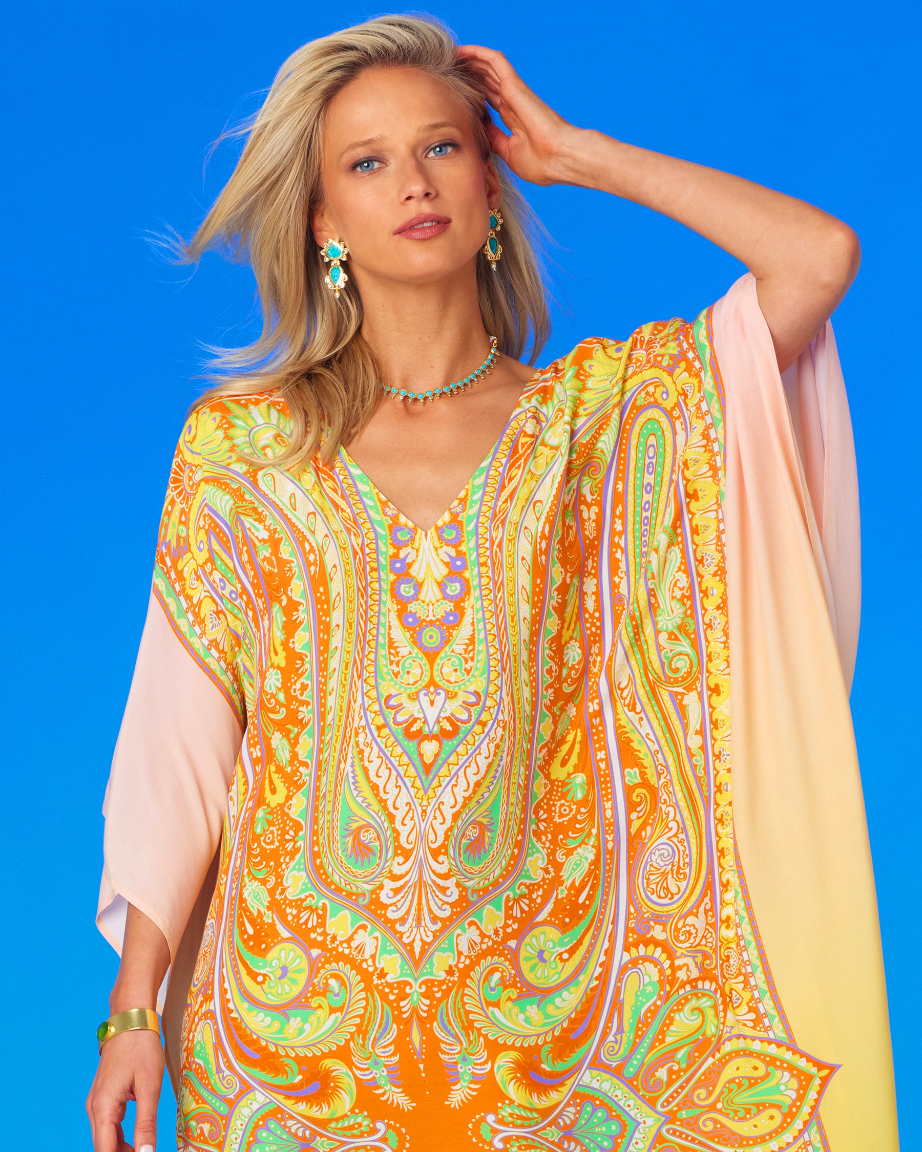 Gaia Kaftan in Sun-Kissed Paisley-Portrait with Wind Blowing