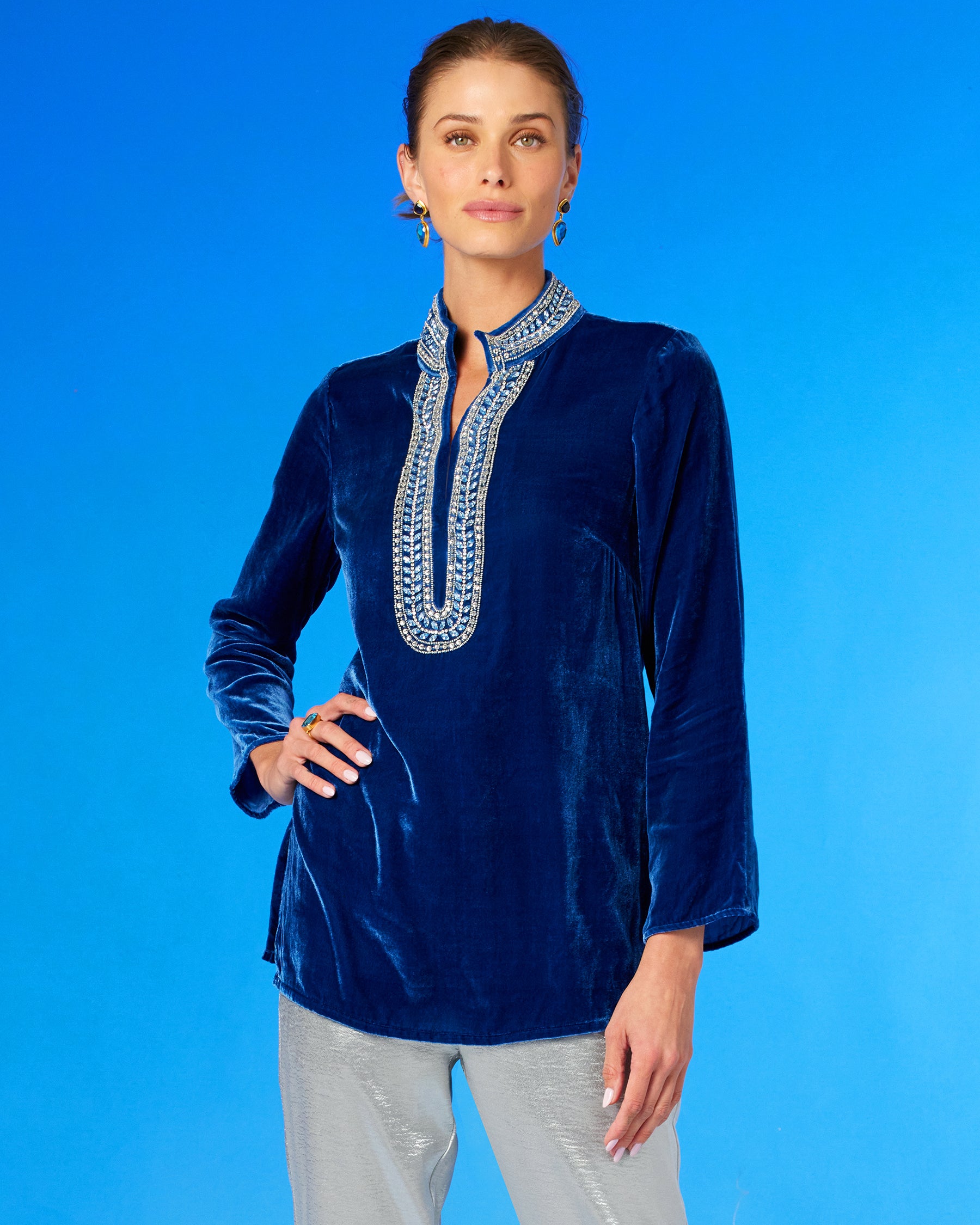 Georgiana Tunic in Navy Silk Blend Velvet and Laurel Embellishment front view closeup