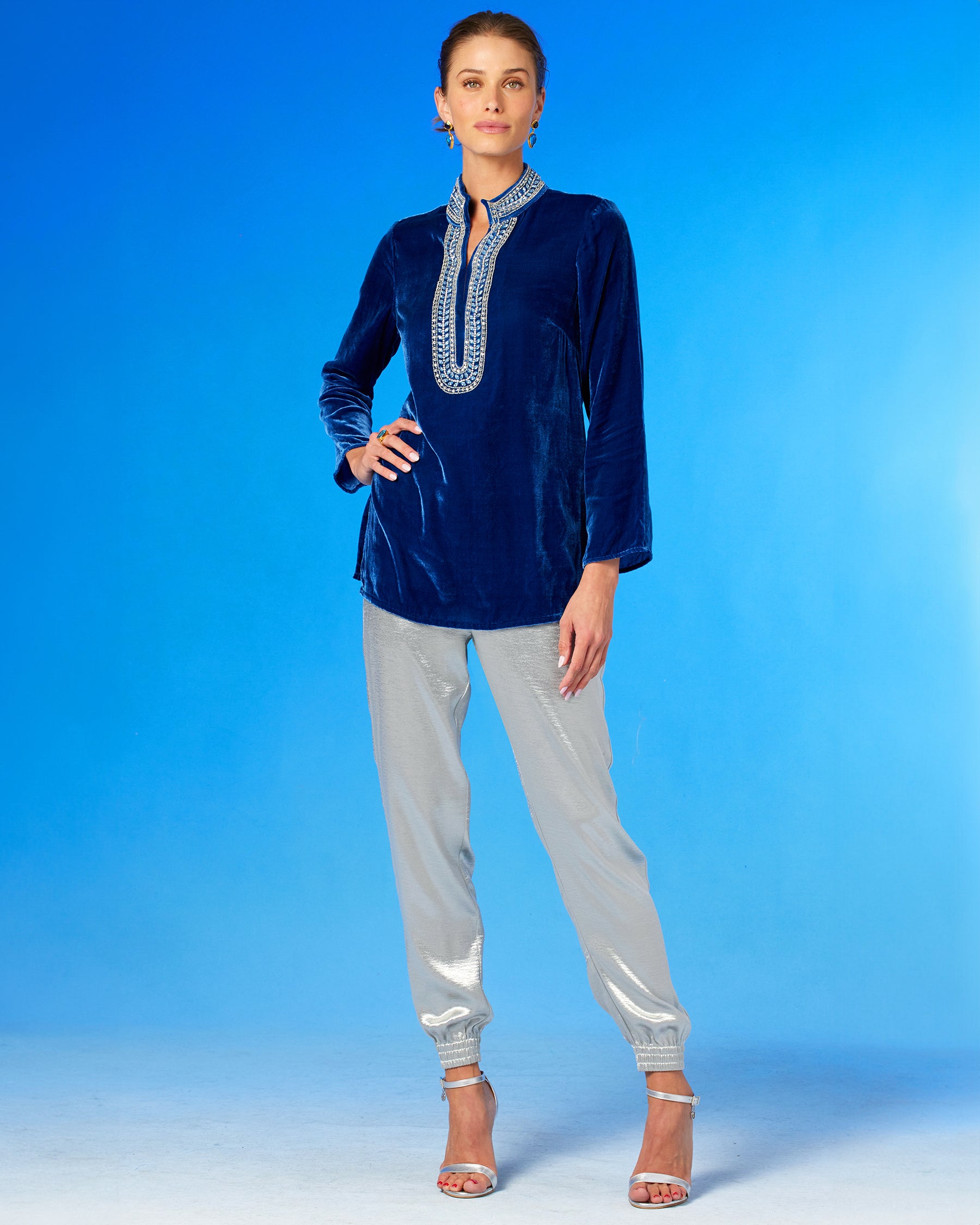 Georgiana Tunic in Navy Silk Blend Velvet and Laurel Embellishment full length view