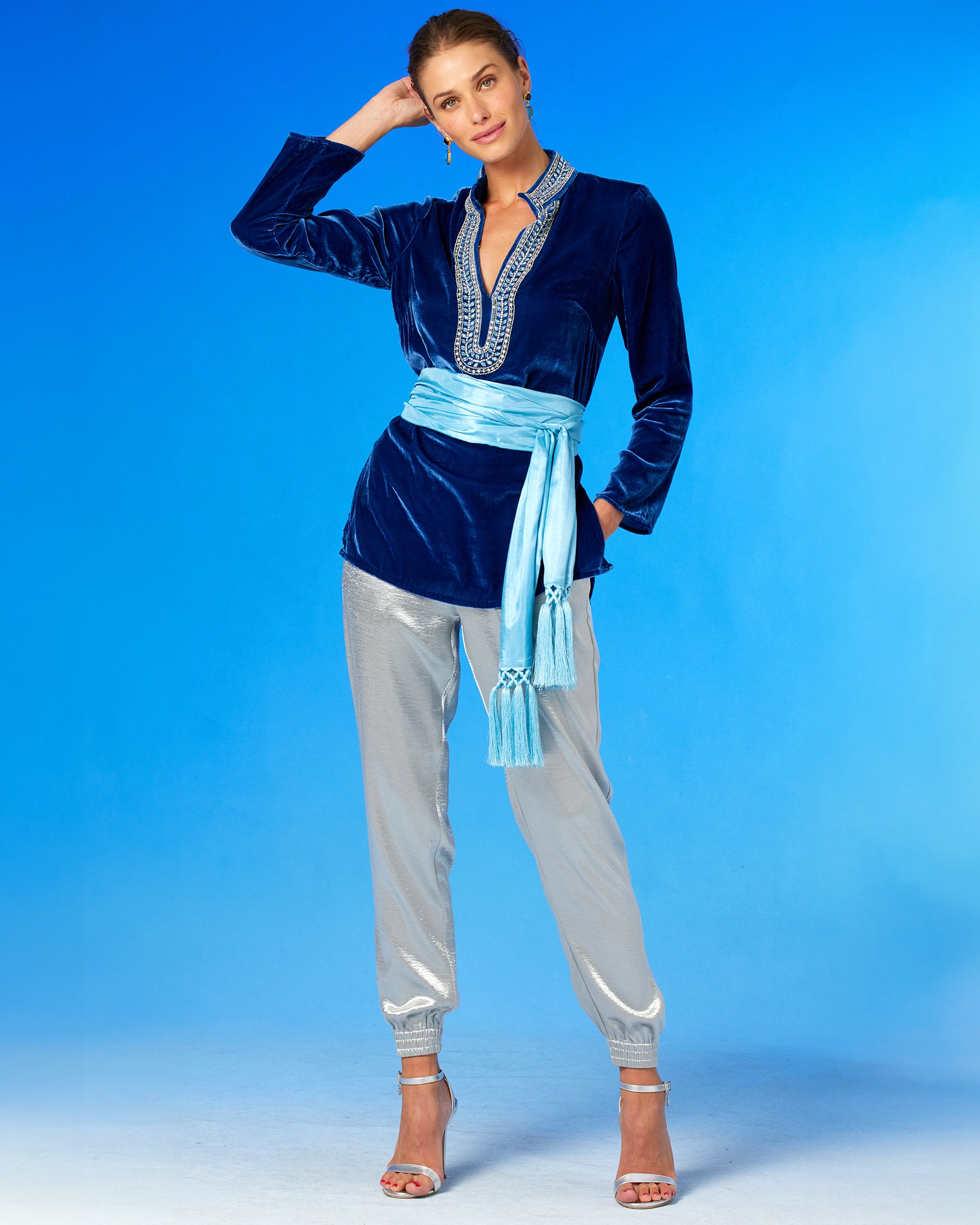 Cosima Sash Belt in Bermuda Turquoise worn with the Georgiana Tunic in Navy Silk Blend Velvet and Laurel Embellishment