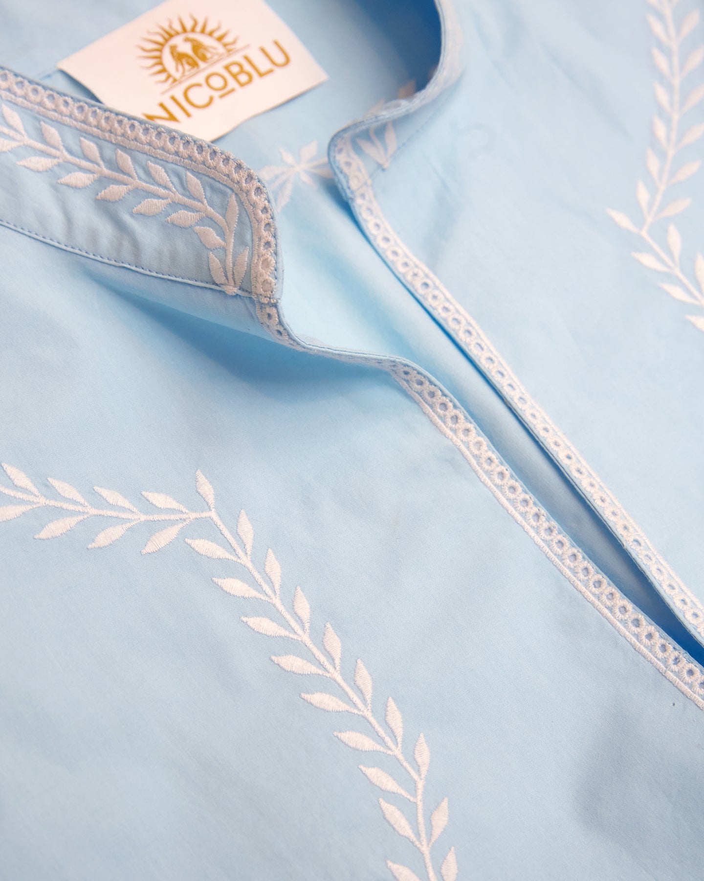 Grace Tunic in Robin Egg Blue and Laurel Embroidery-Detail of Colar and Neckline