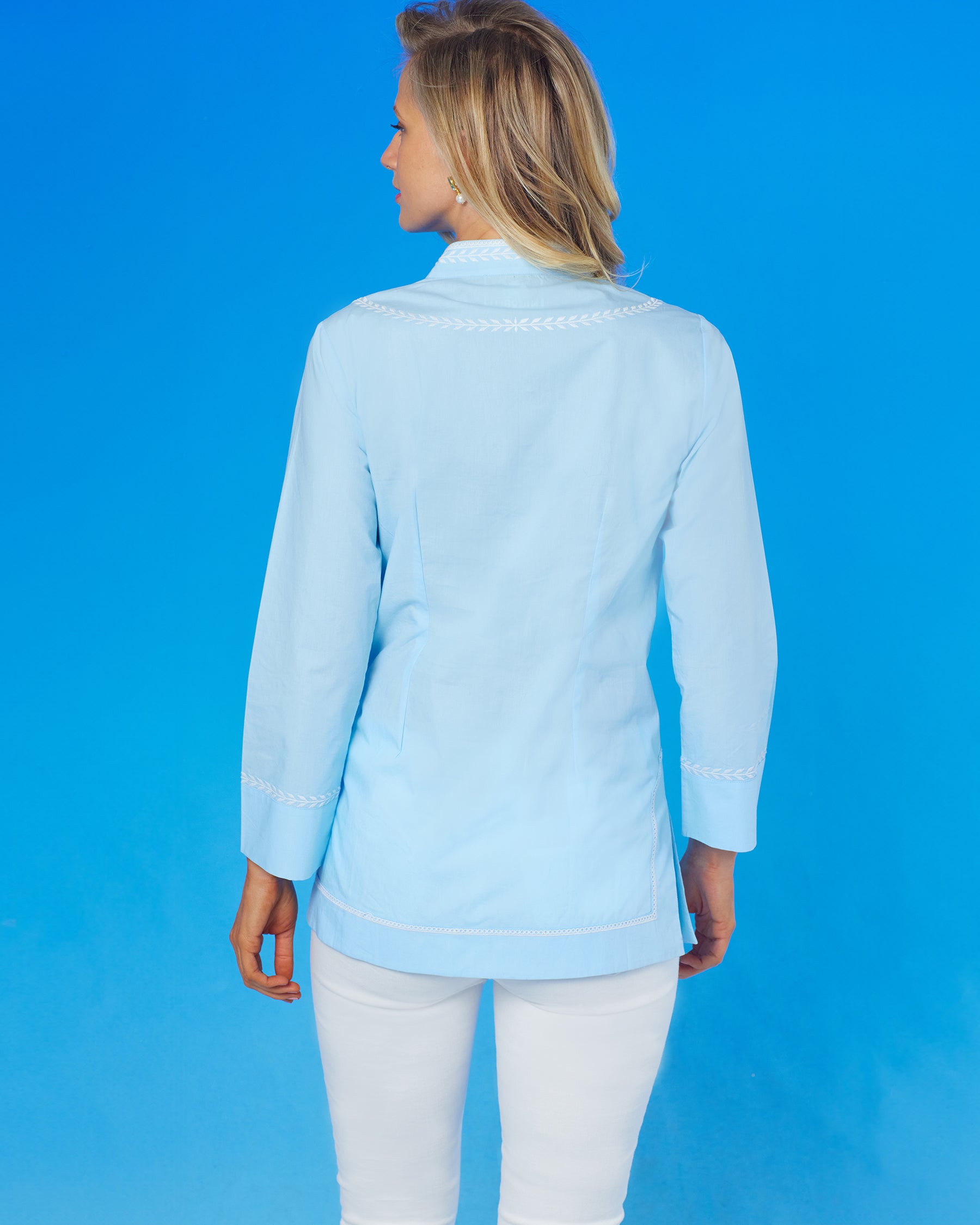 Grace Tunic in Robin Egg Blue and Laurel Embroidery-Back view