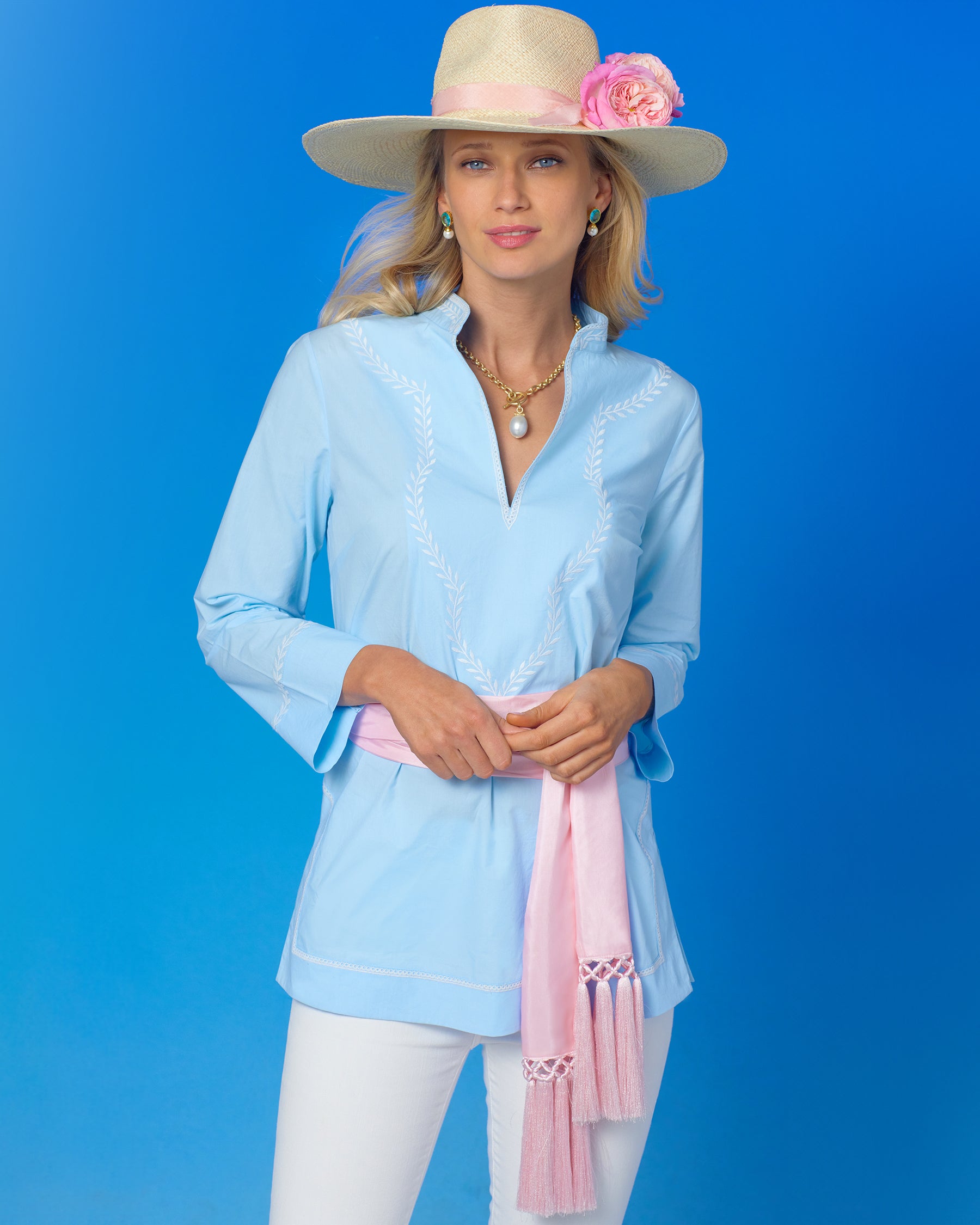 Grace Tunic in Robin Egg Blue and Laurel Embroidery-Front view with waist cinched with the Cosima Sash Belt