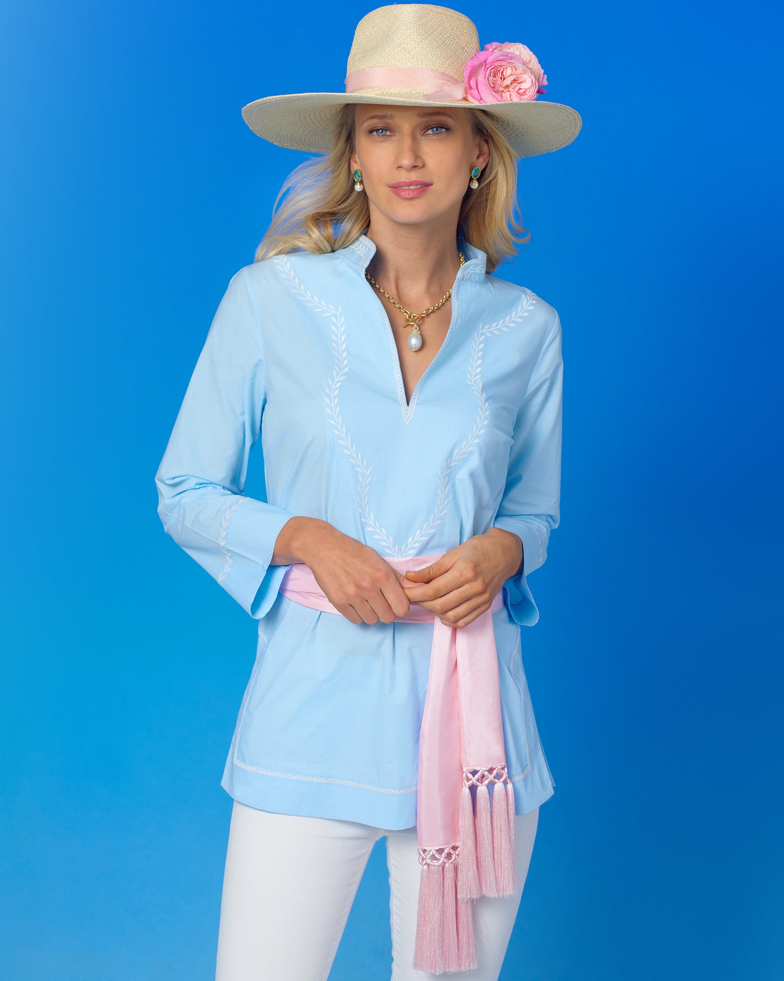 NicoBlu® Grace Tunic in Robin Egg Blue and Laurel Embroidery