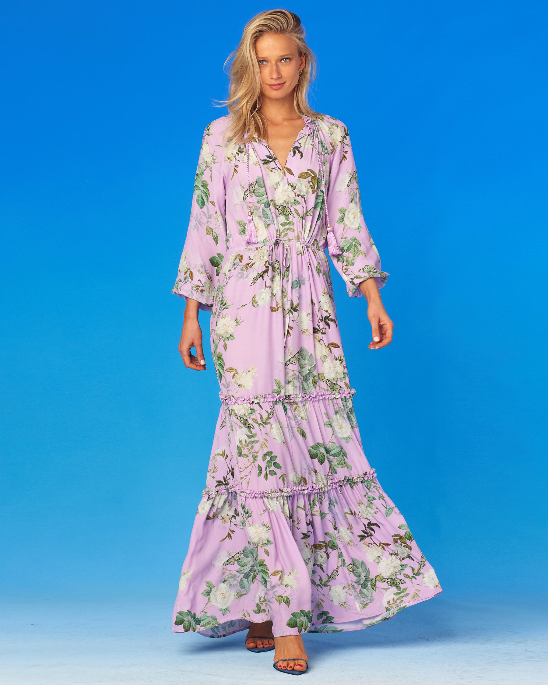 Gwendolyn Ruffle Drawstring Maxi Dress in English Garden-Walking Full Length