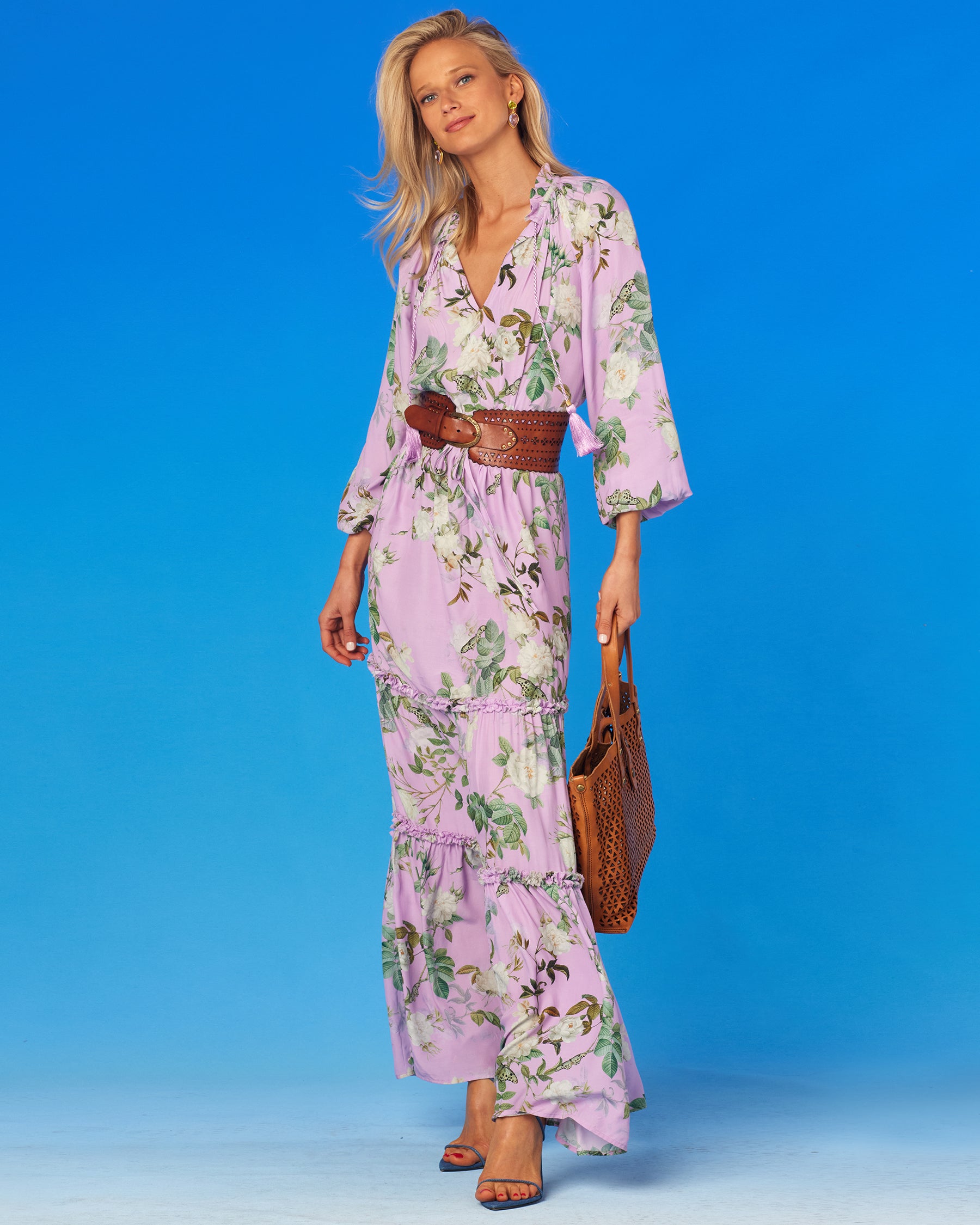 Gwendolyn Ruffle Drawstring Maxi Dress in English Garden-Side View with Campomaggi Accessories