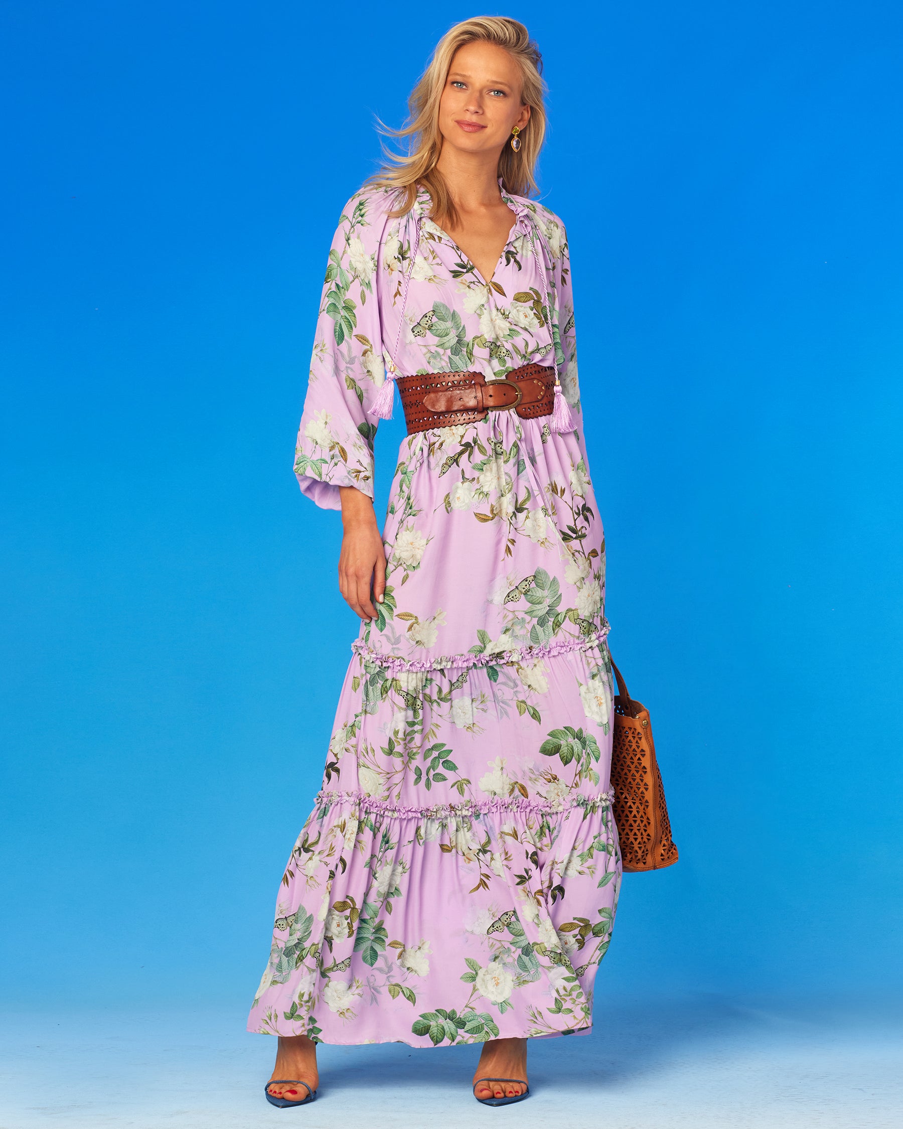 Gwendolyn Ruffle Drawstring Maxi Dress in English Garden-Full Front View with Campomaggi Belt and Tote