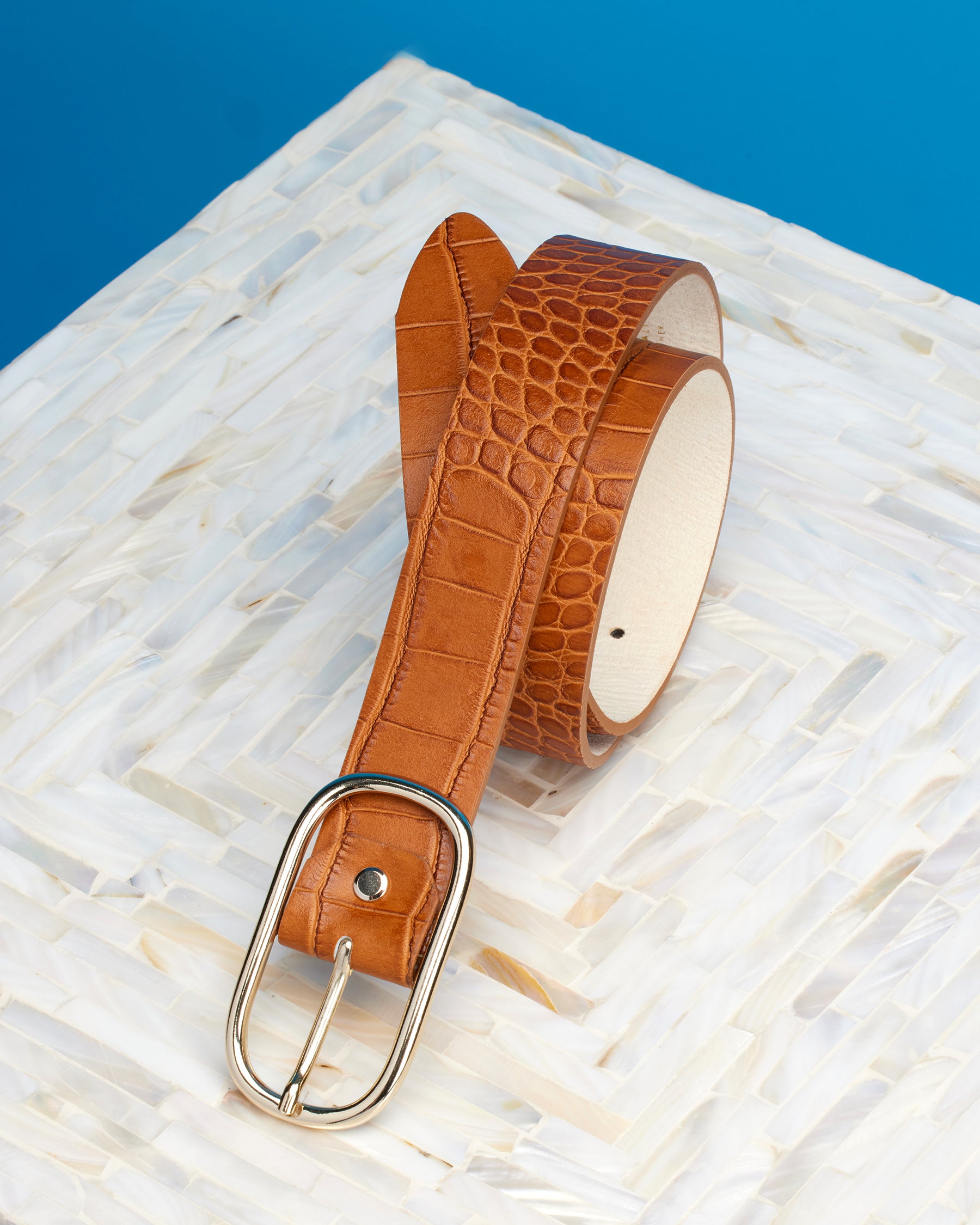 Greer Croc-Embossed Leather Belt in Honey Tan