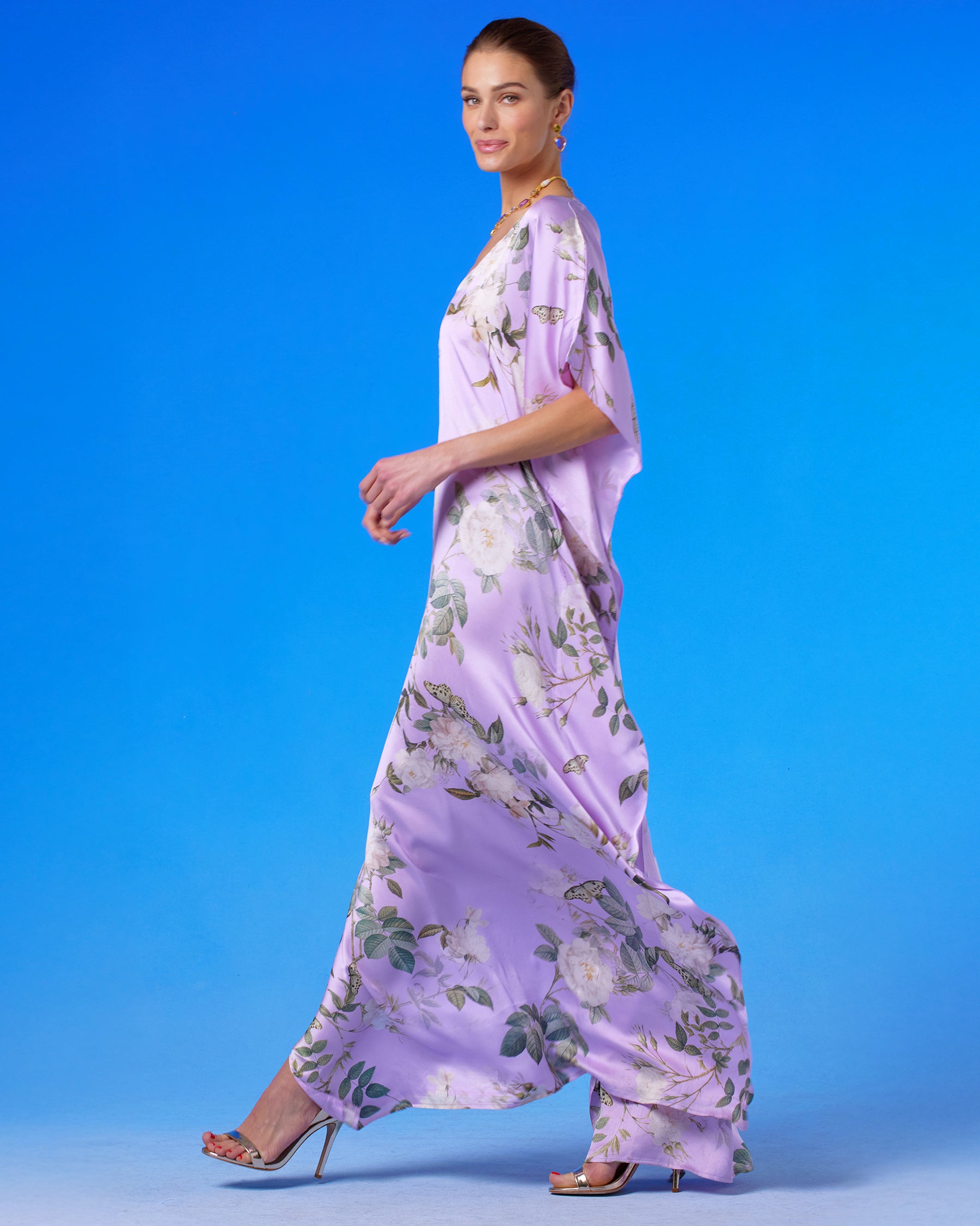 Gwendolyn Silk Kaftan in English Garden side view walking