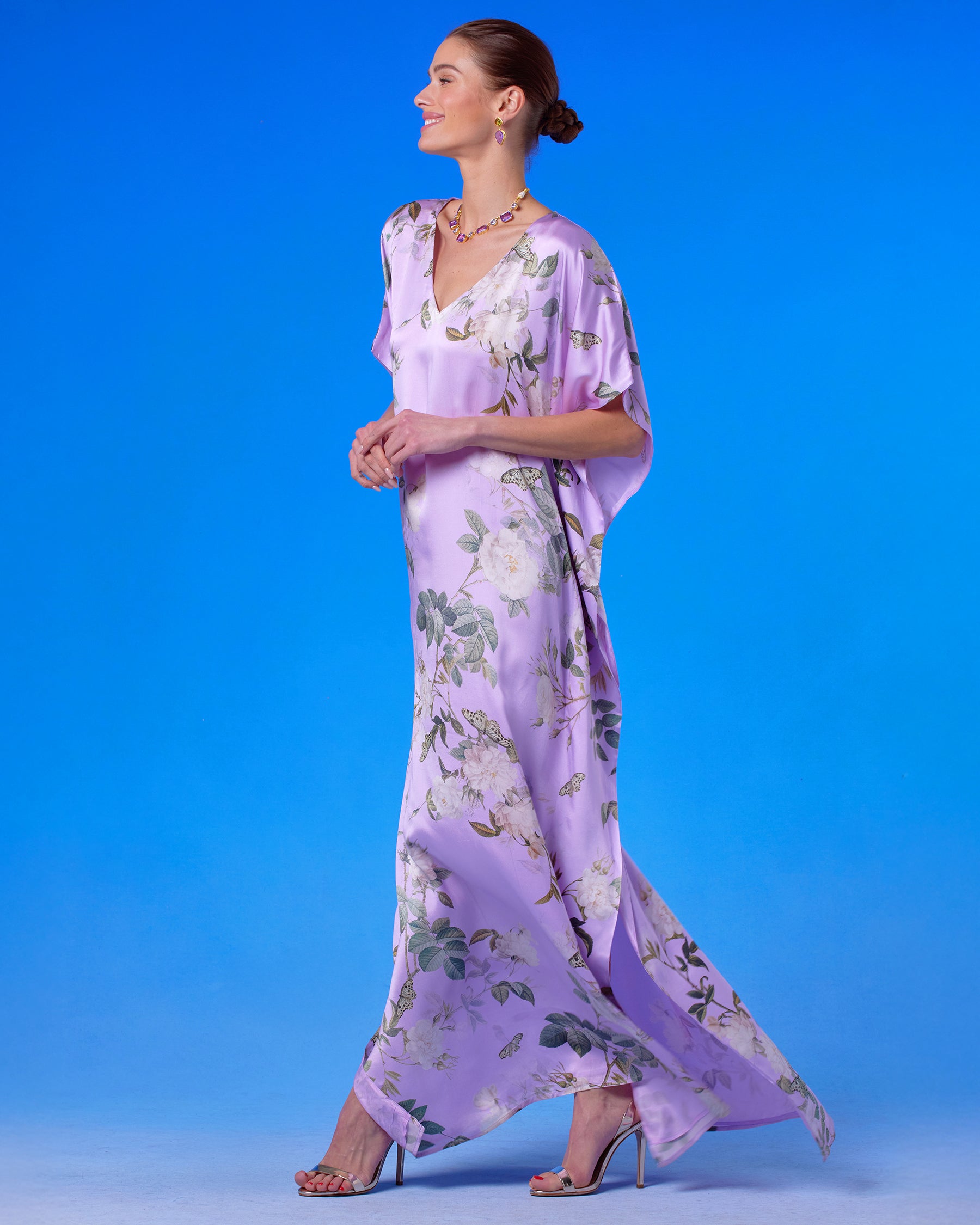 Gwendolyn Silk Kaftan in English Garden side walking view