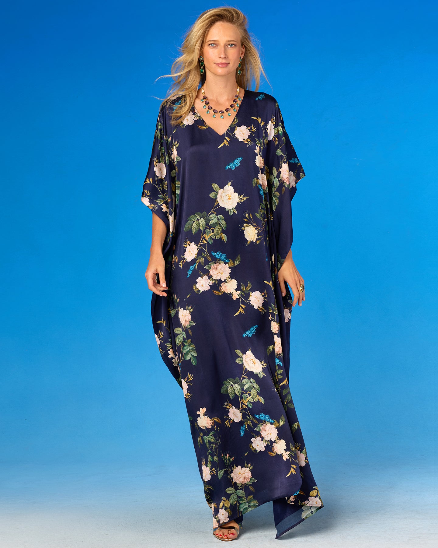 Gwendolyn Silk Kaftan in Navy English Garden front view