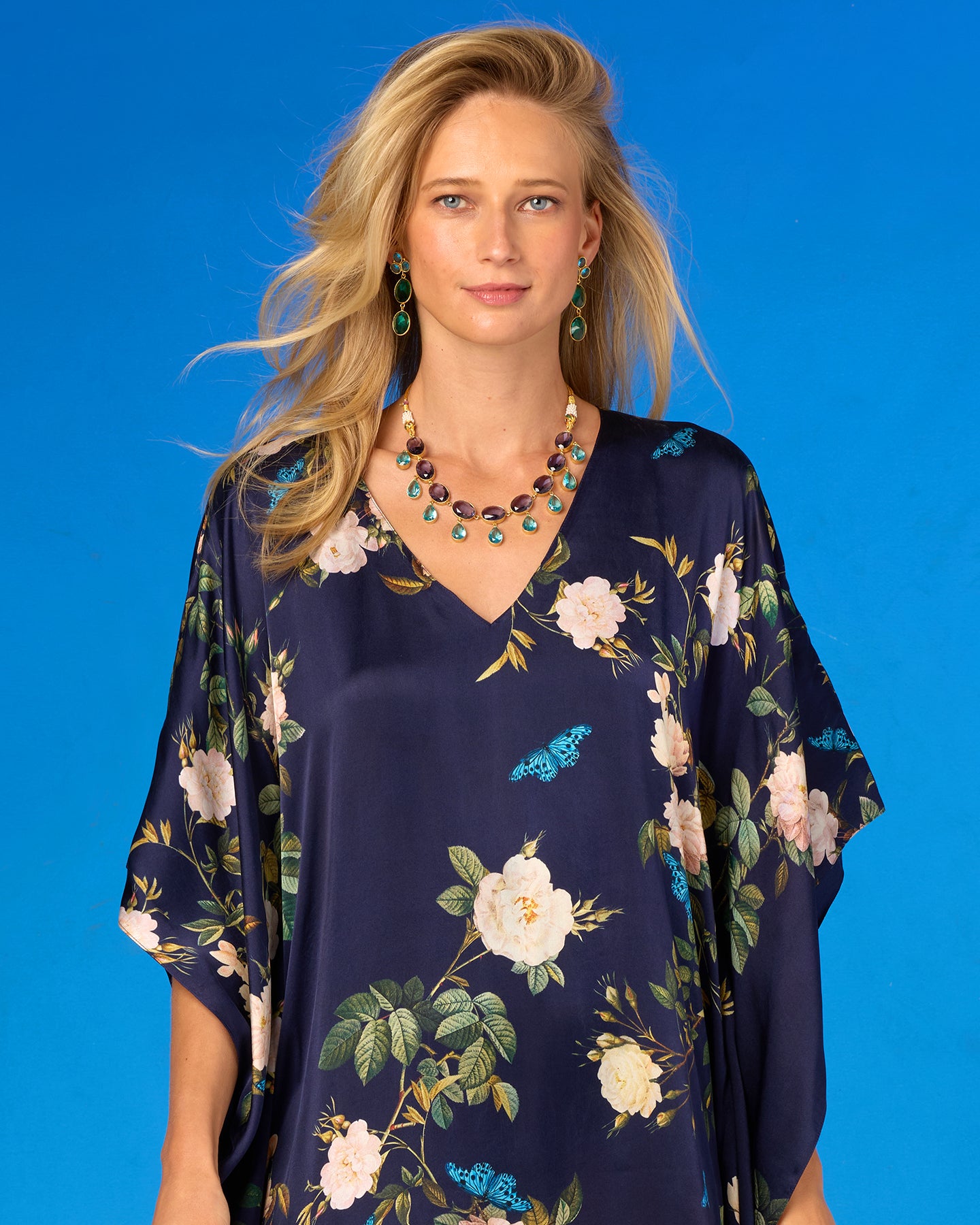 Gwendolyn Silk Kaftan in Navy English Garden portrait view