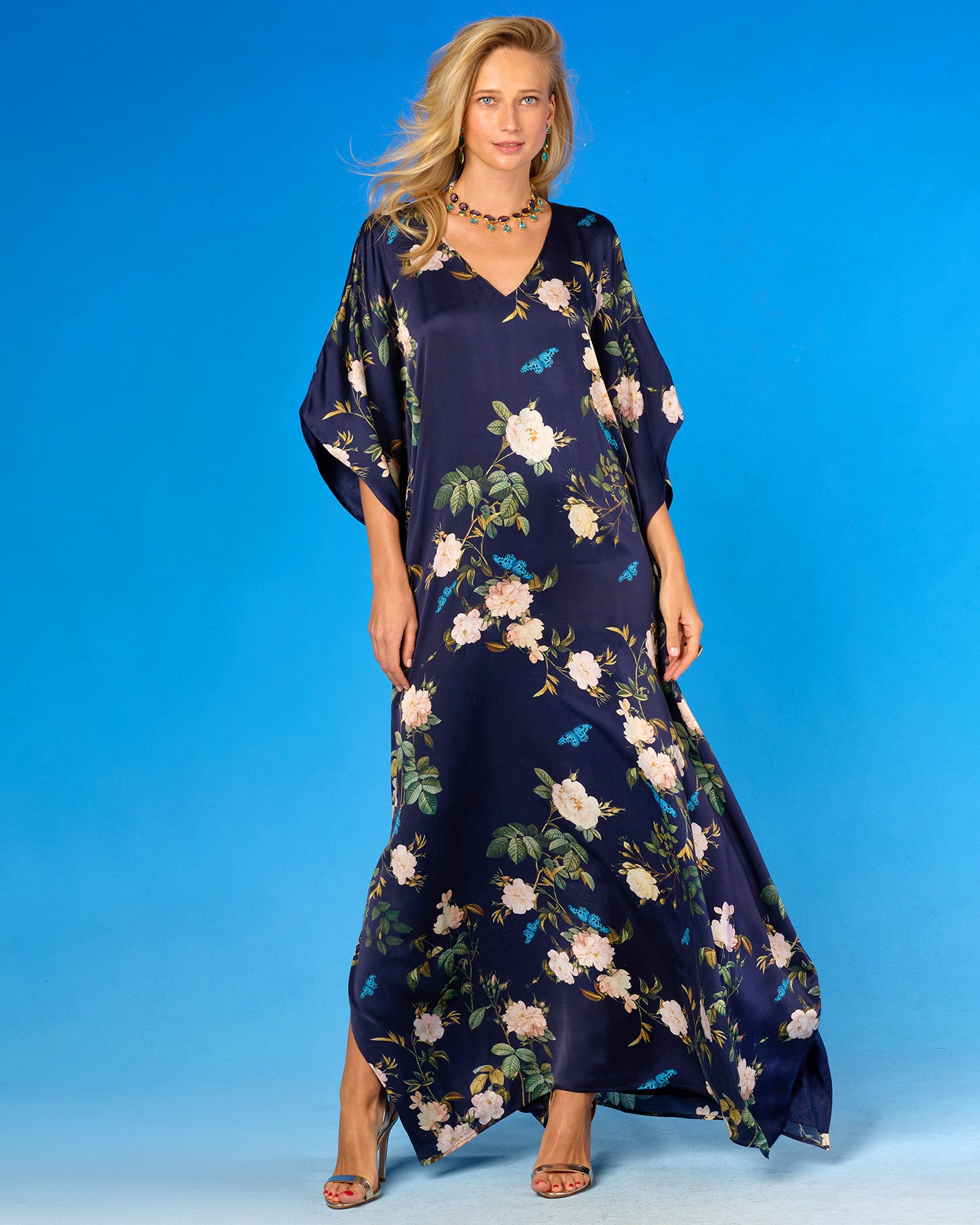 Gwendolyn Silk Kaftan in Navy English Garden front view