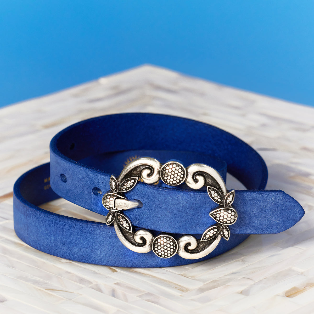 BELT,  BLUE SILVER . LEATHER BOHO STYLE. LARGE 38” Western leather Belt Blue main image 3