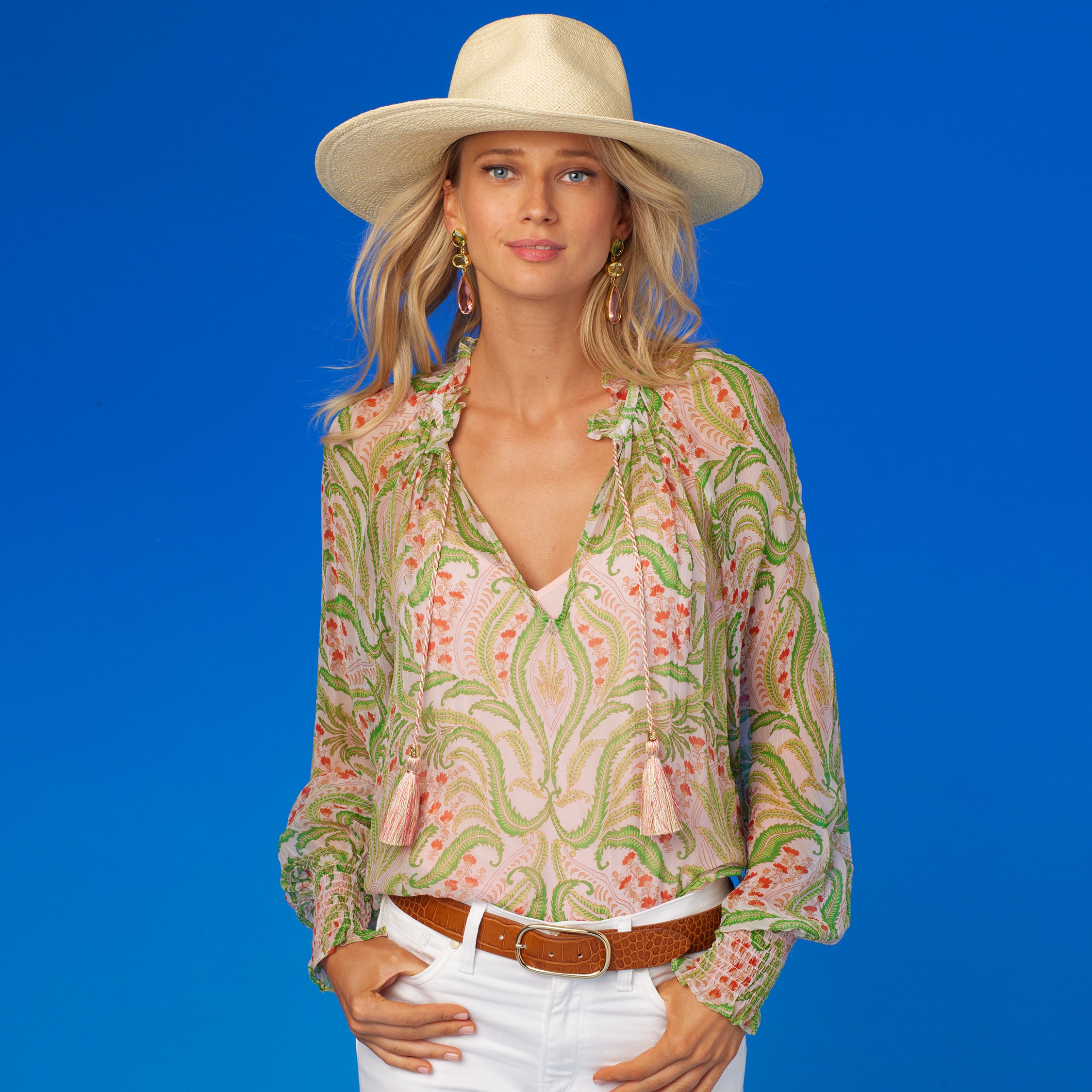 Photo of the Artemisia Peasant Chiffon Blouse in delicate fern print. Click to shop all blouses..