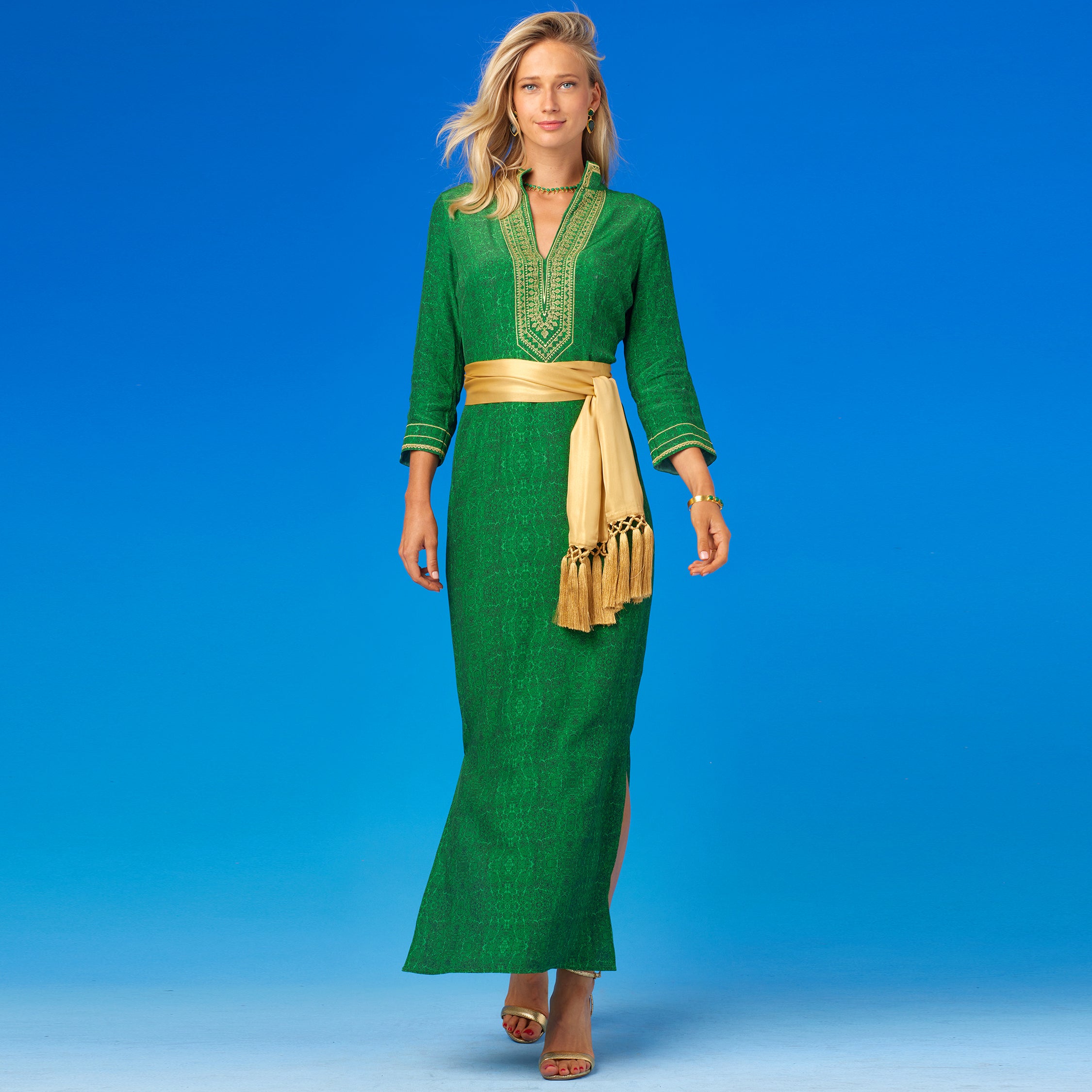 Cosima Sash Belt in Pale Gold Shimmer-Worn with the Isabelle Long Tunic Dress in Malachite Burl