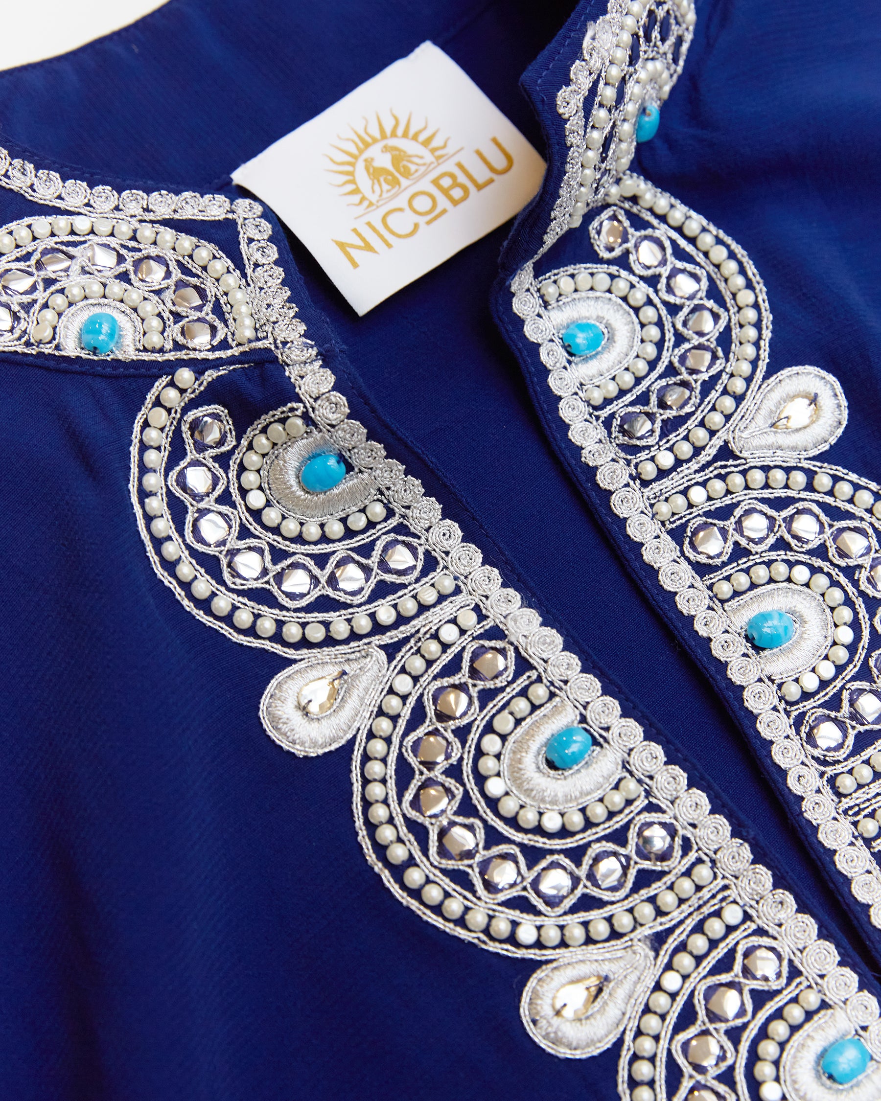 Noor Long Navy Tunic Dress with Silver Embellishment-Detail