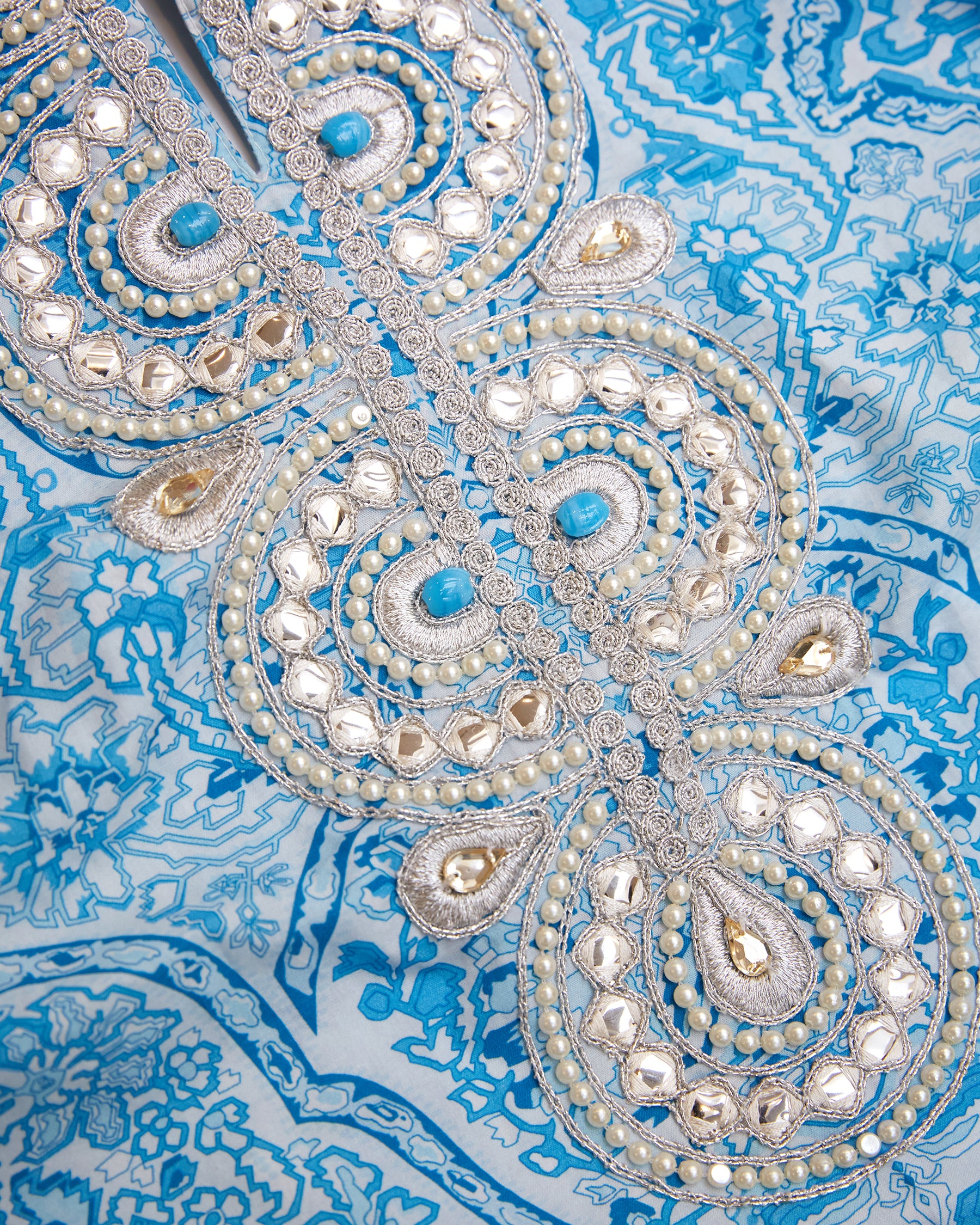 Noor Long Tunic Dress in Turquoise Paisley and Silver Embellishment-Detail of neckline embellishment