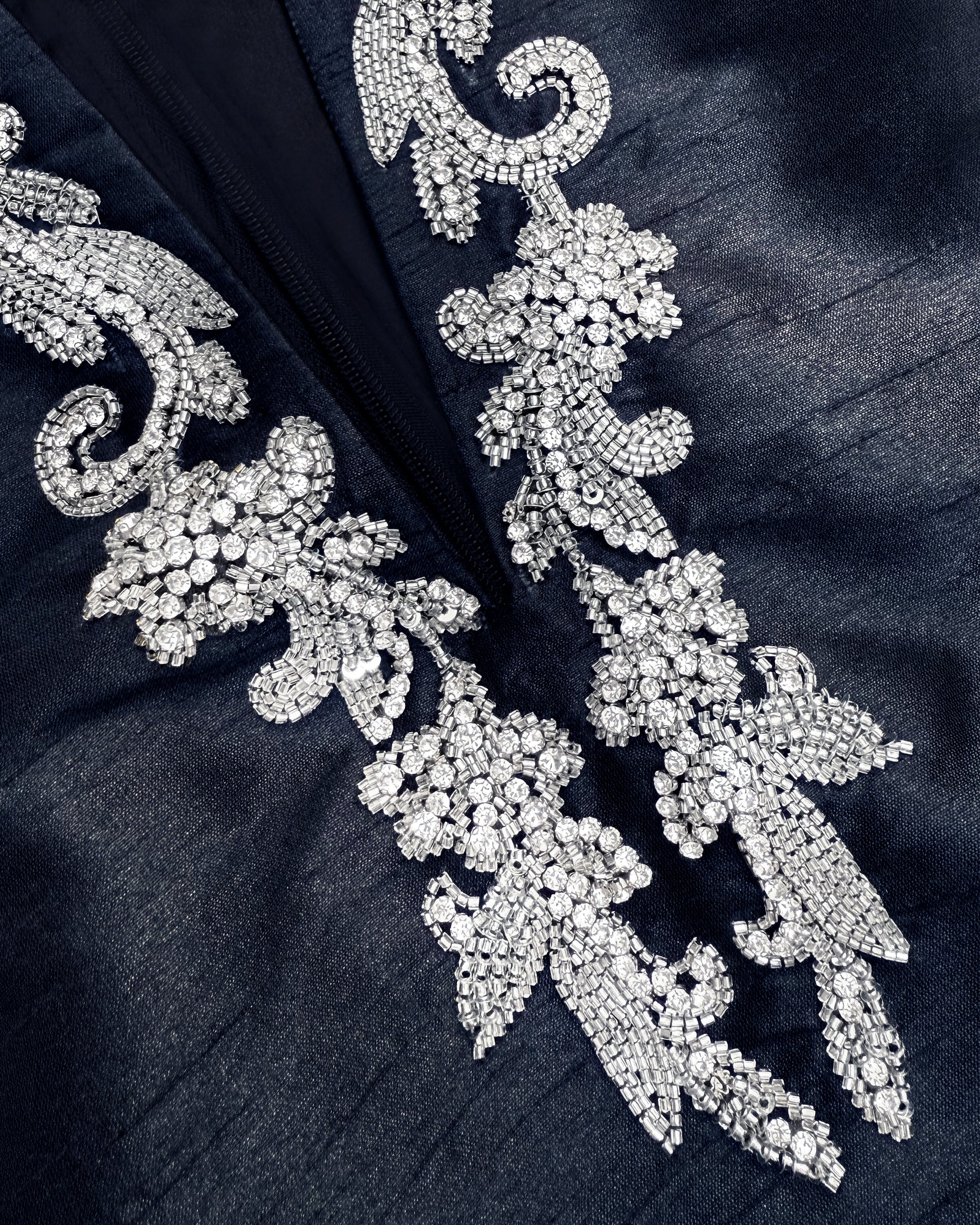 Tuxedo Long Tunic Dress in Black and Crystal Embellishment closeup detail