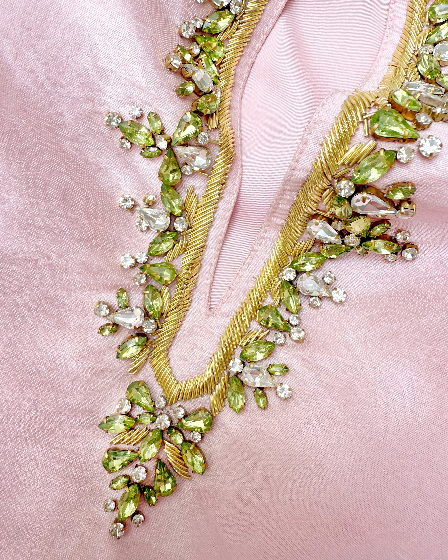 Circe Short Tunic Dress in Blush Pink with Crystals and Gold Embellishment detail of gemstone embellishment