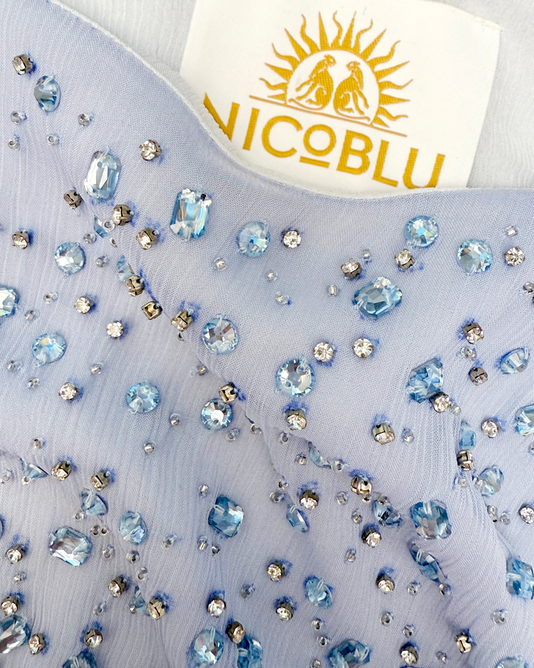 Luna Chiffon Kaftan in Pale Blue Ombre and Embellishment detail of embellishment