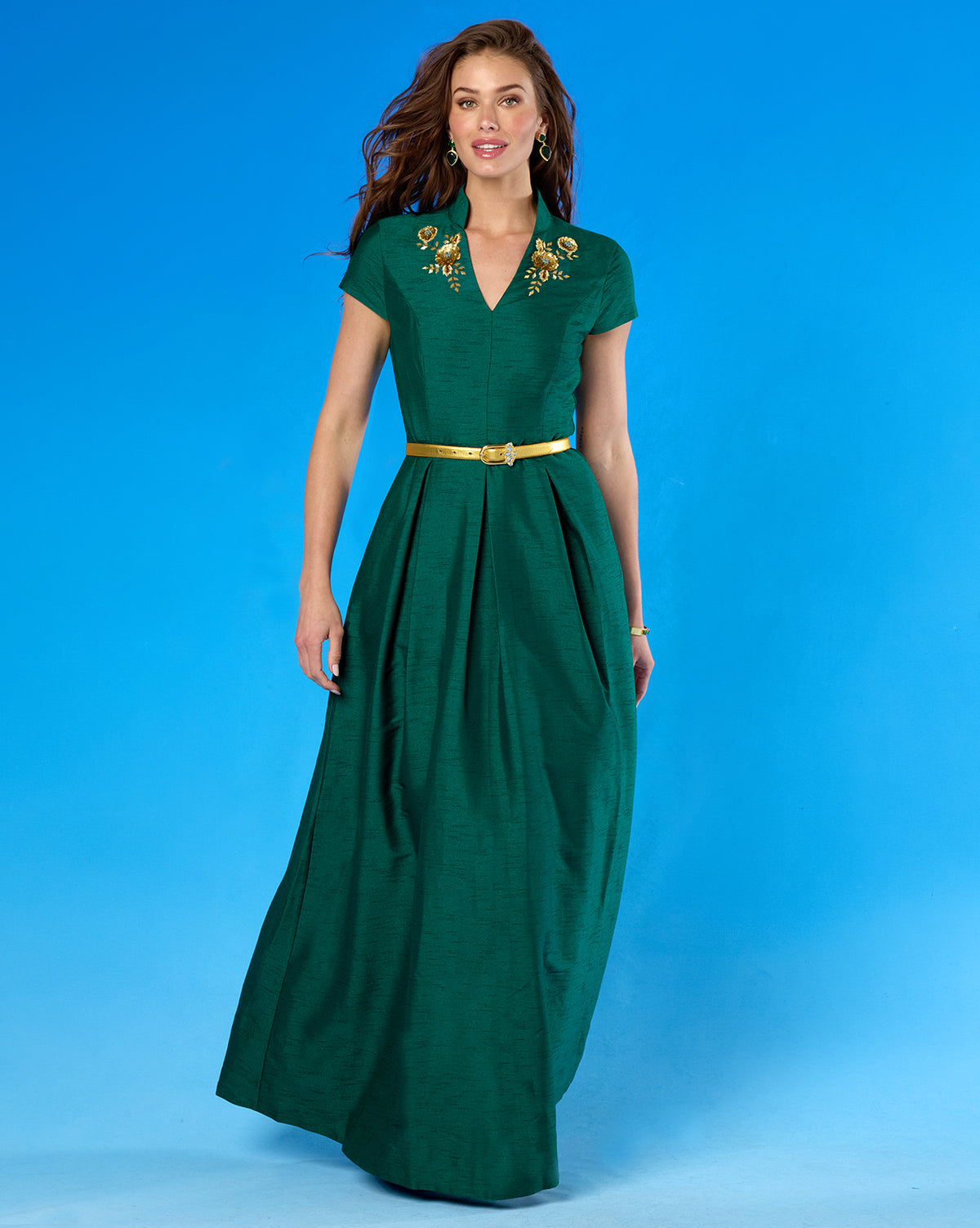 Isabella Cap-Sleeve Gown in Emerald Green front view