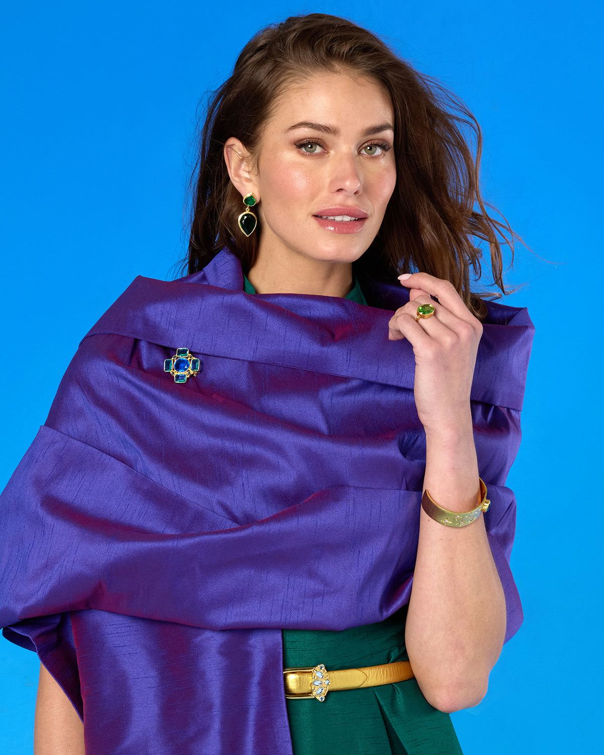 Isabella Cap-Sleeve Gown in Emerald Green worn with the Valentina Shawl
