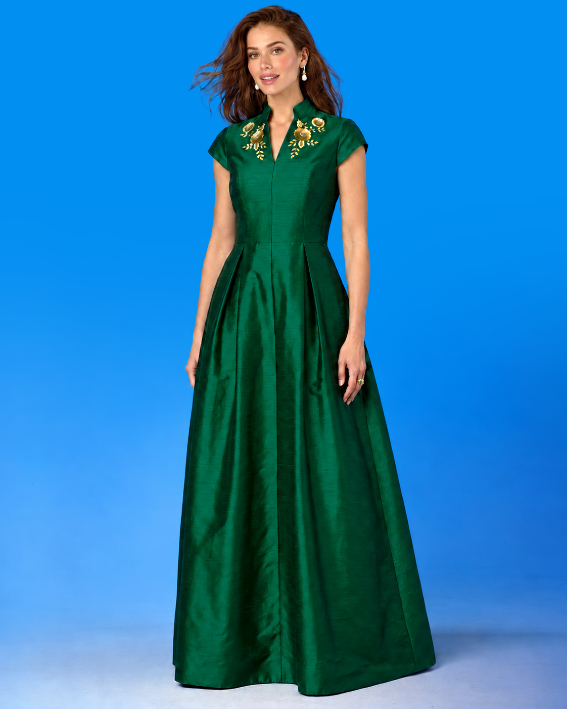 Isabella Cap-Sleeve Gown in Emerald Green