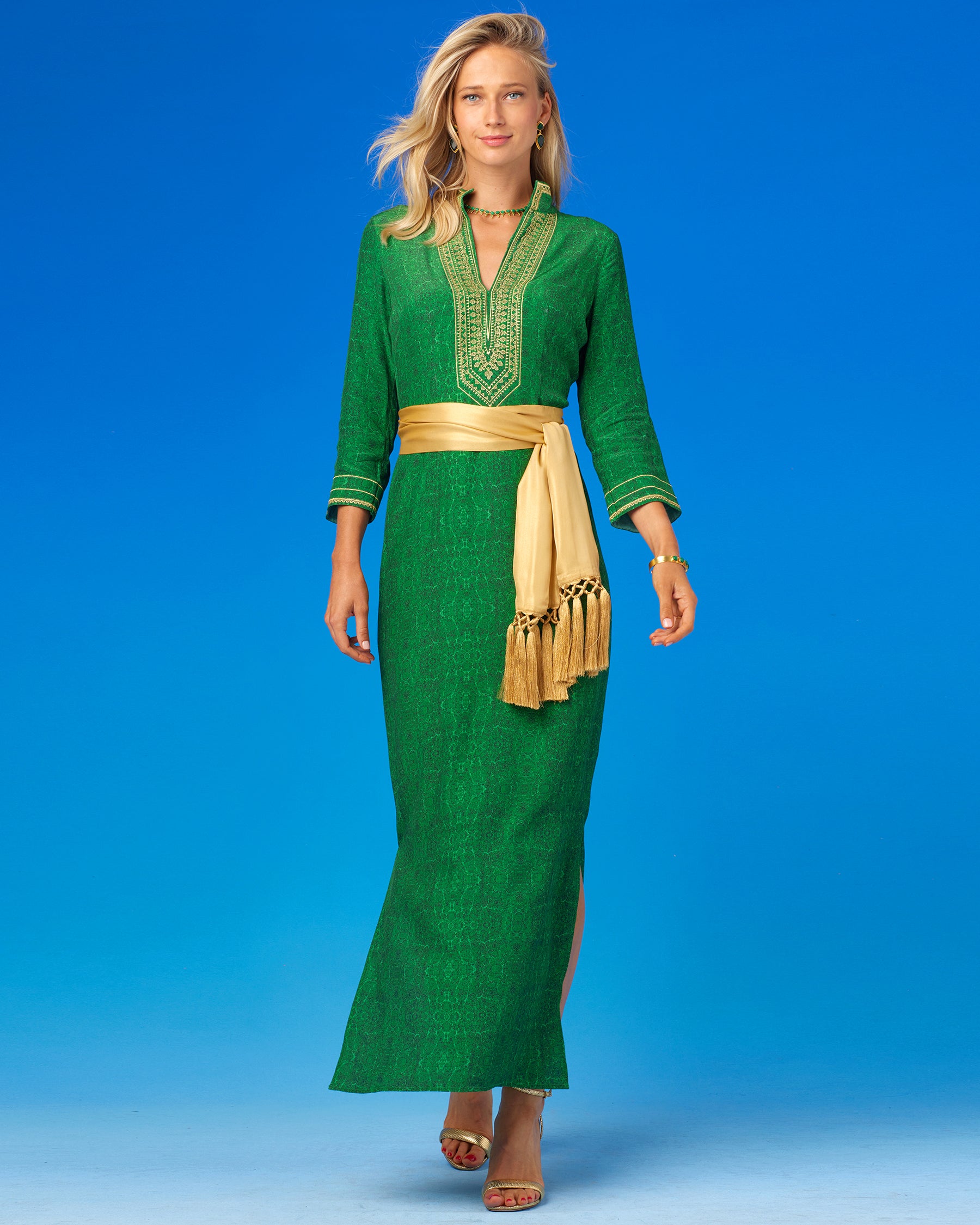 Isabelle Long Tunic Dress in Malachite Burl-With Cosima Gold Shimmer Sash Belt